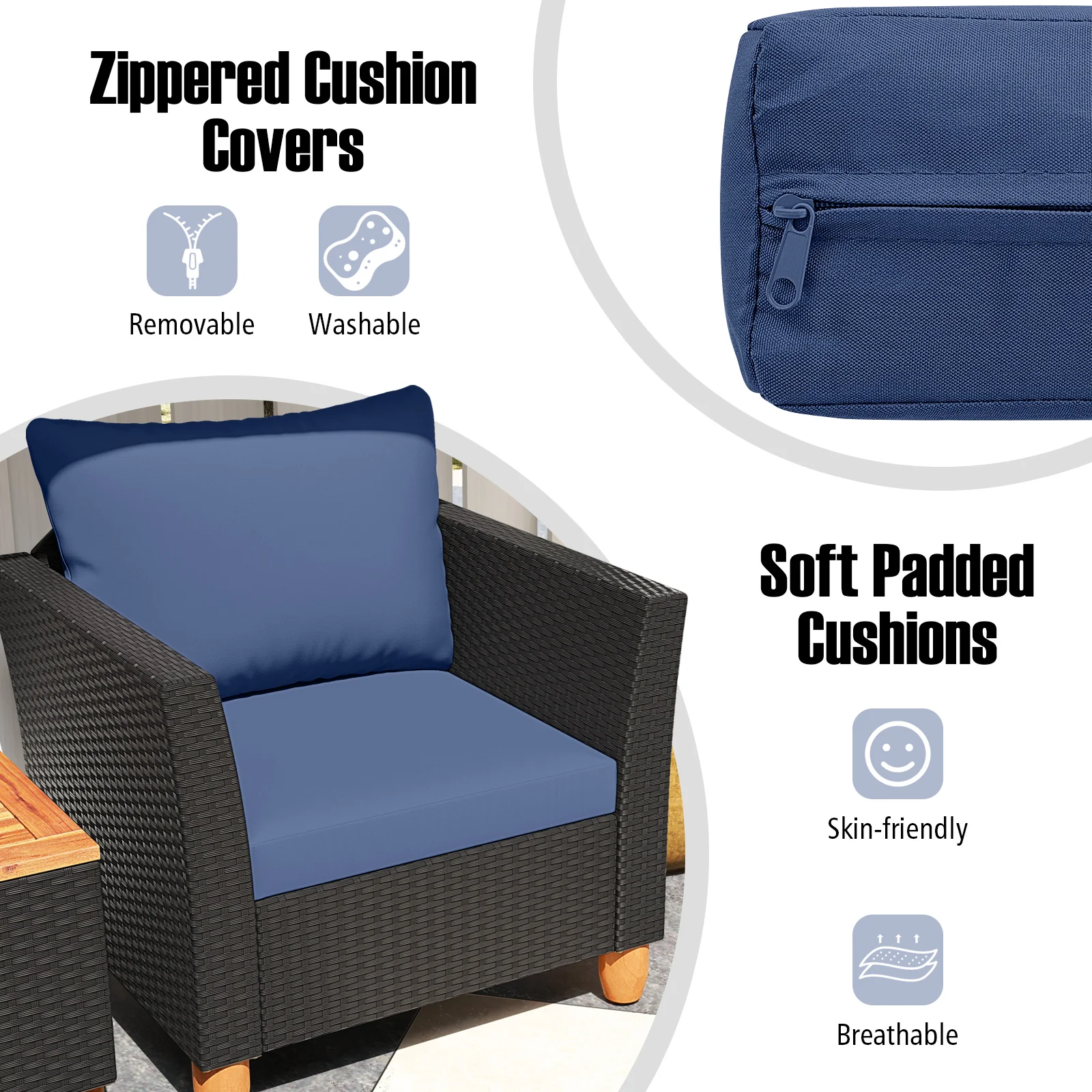 3 Piece Outdoor Patio Rattan Furniture Set, Navy - Image 10