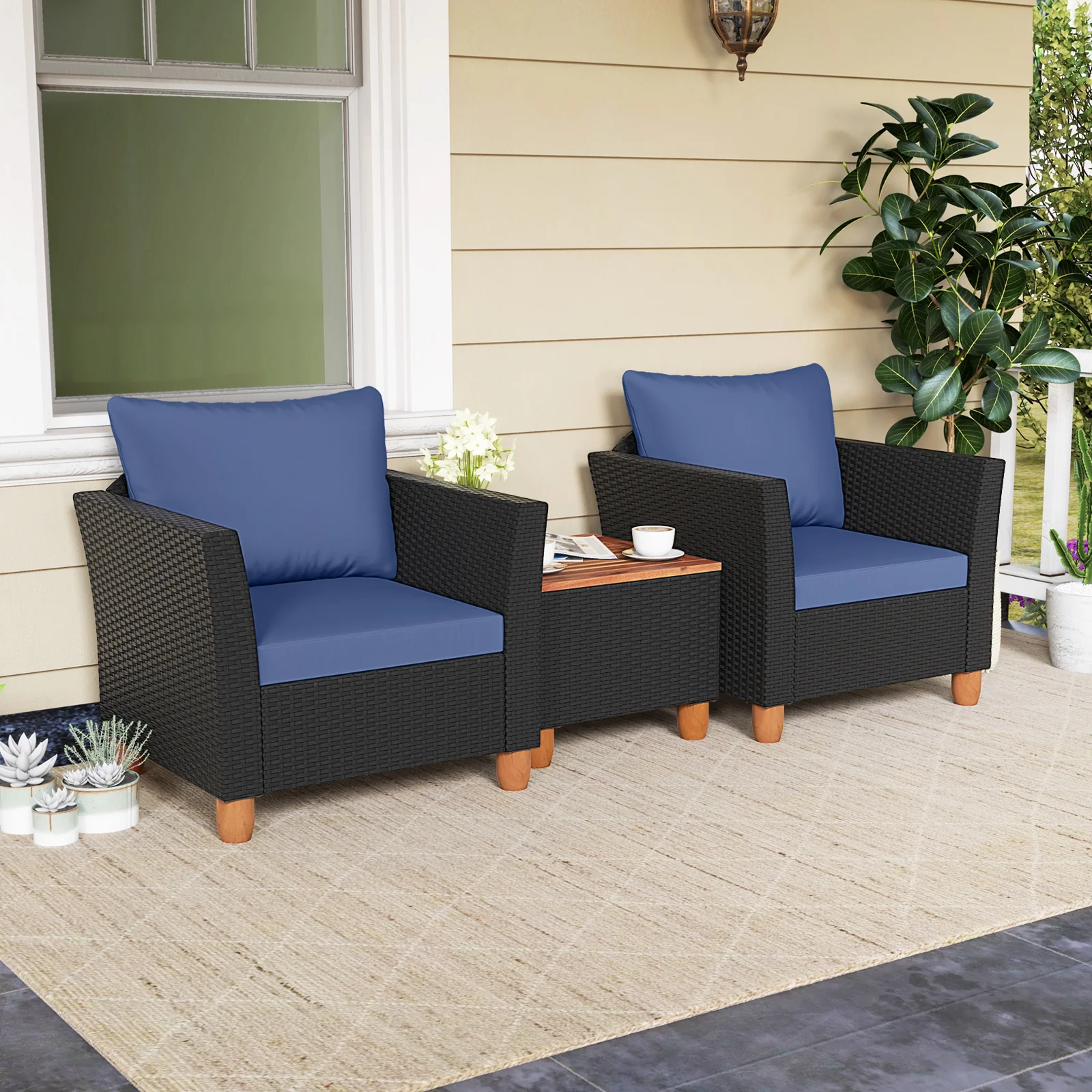 3 Piece Outdoor Patio Rattan Furniture Set, Navy - Image 2