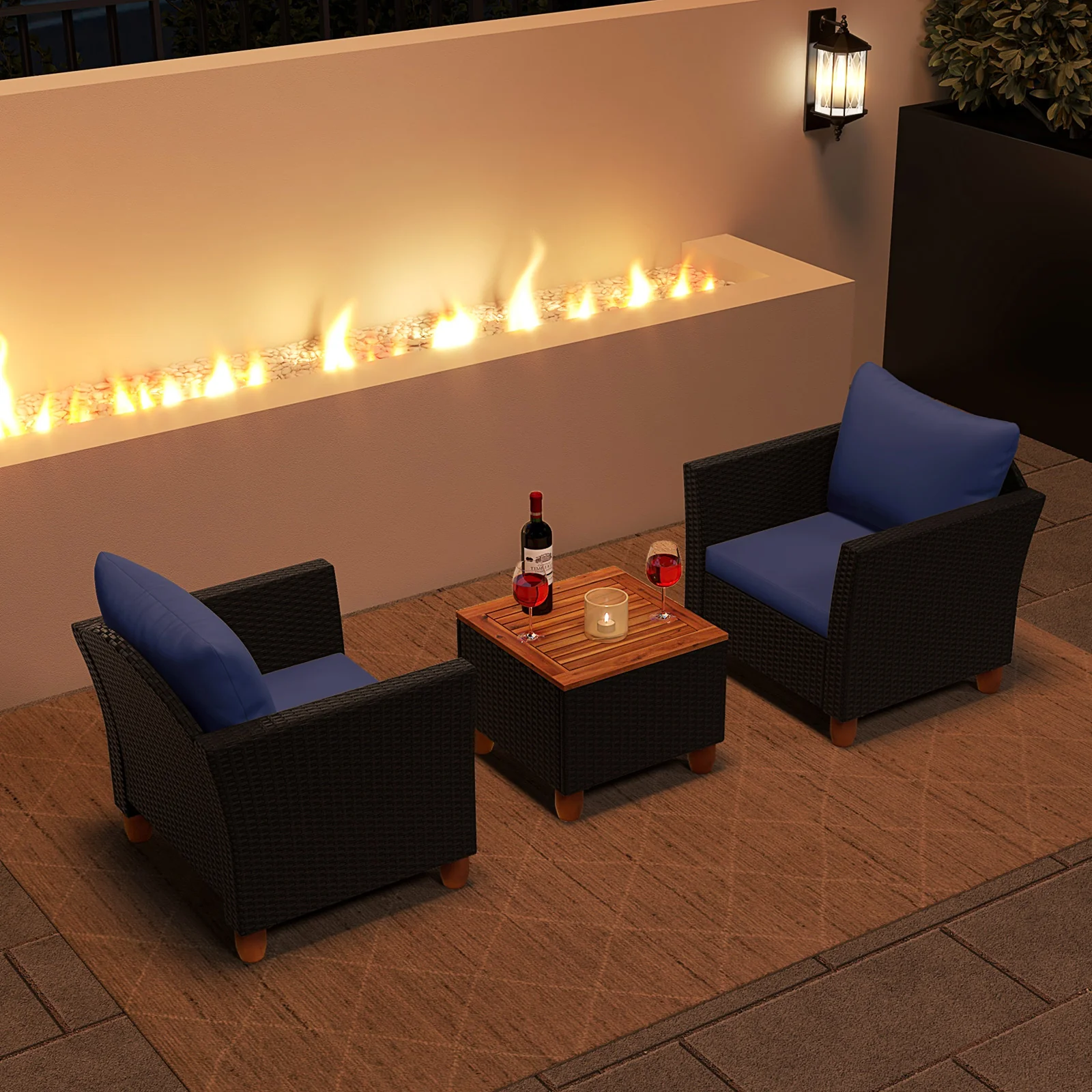 3 Piece Outdoor Patio Rattan Furniture Set, Navy - Image 3