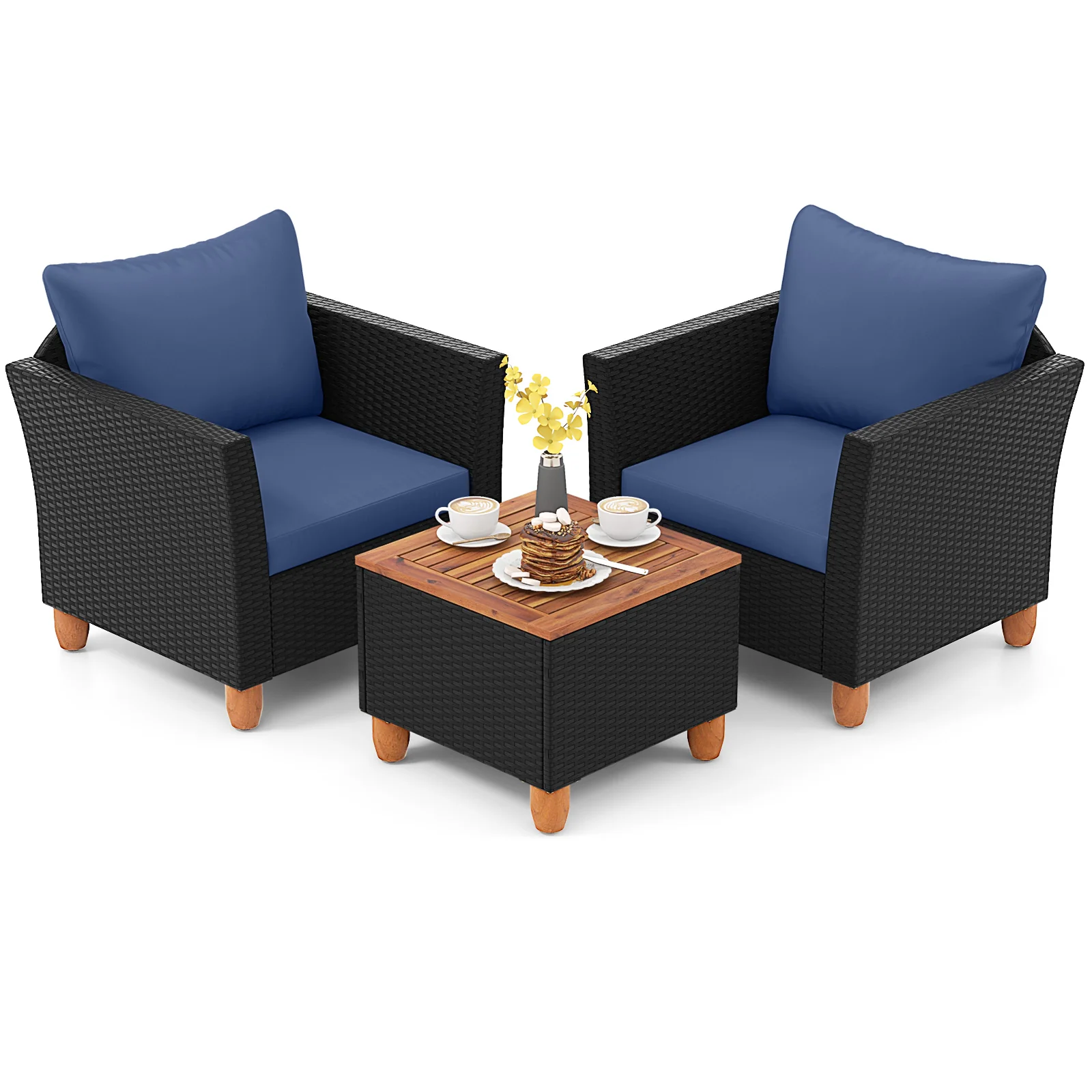 3 Piece Outdoor Patio Rattan Furniture Set, Navy - Image 5