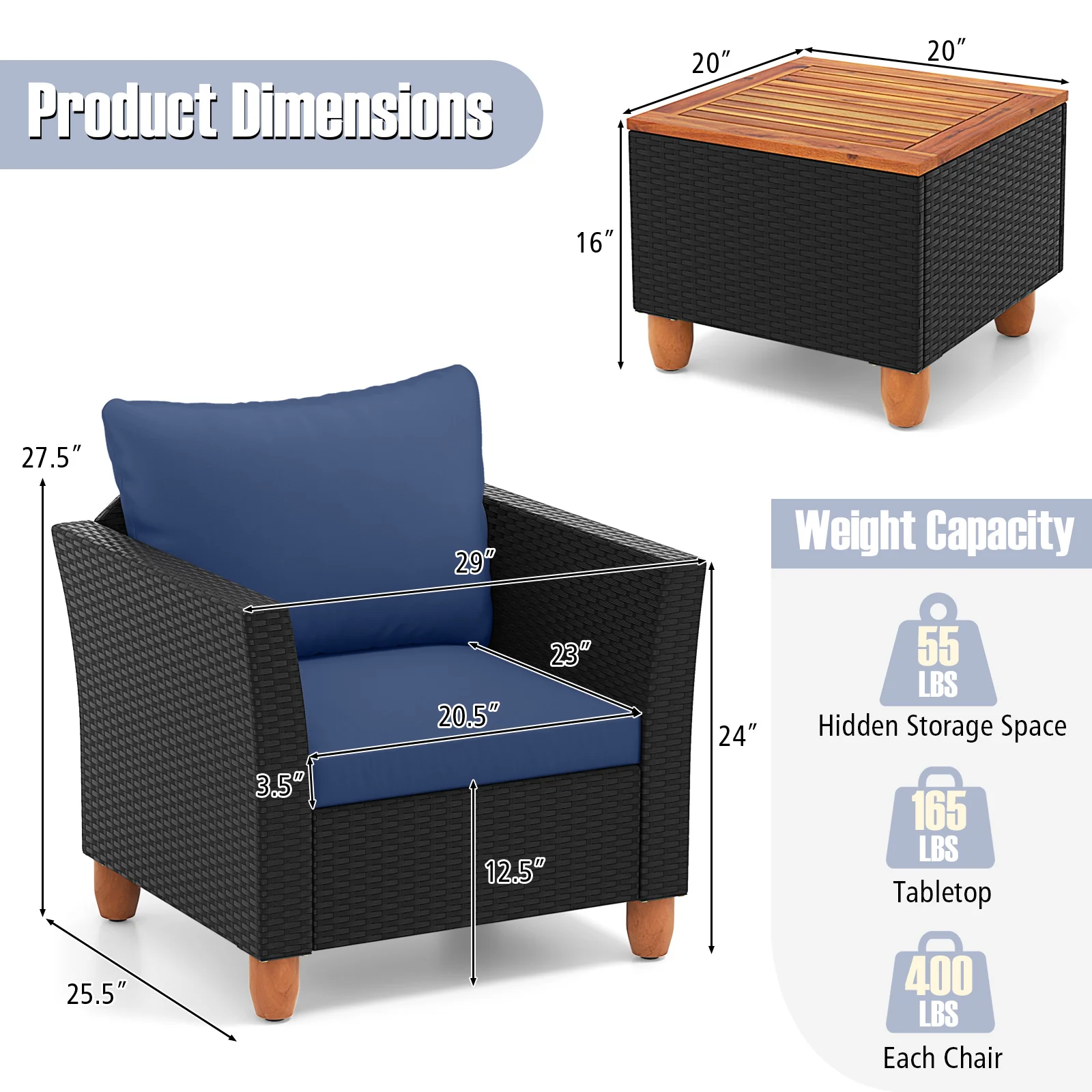3 Piece Outdoor Patio Rattan Furniture Set, Navy - Image 6