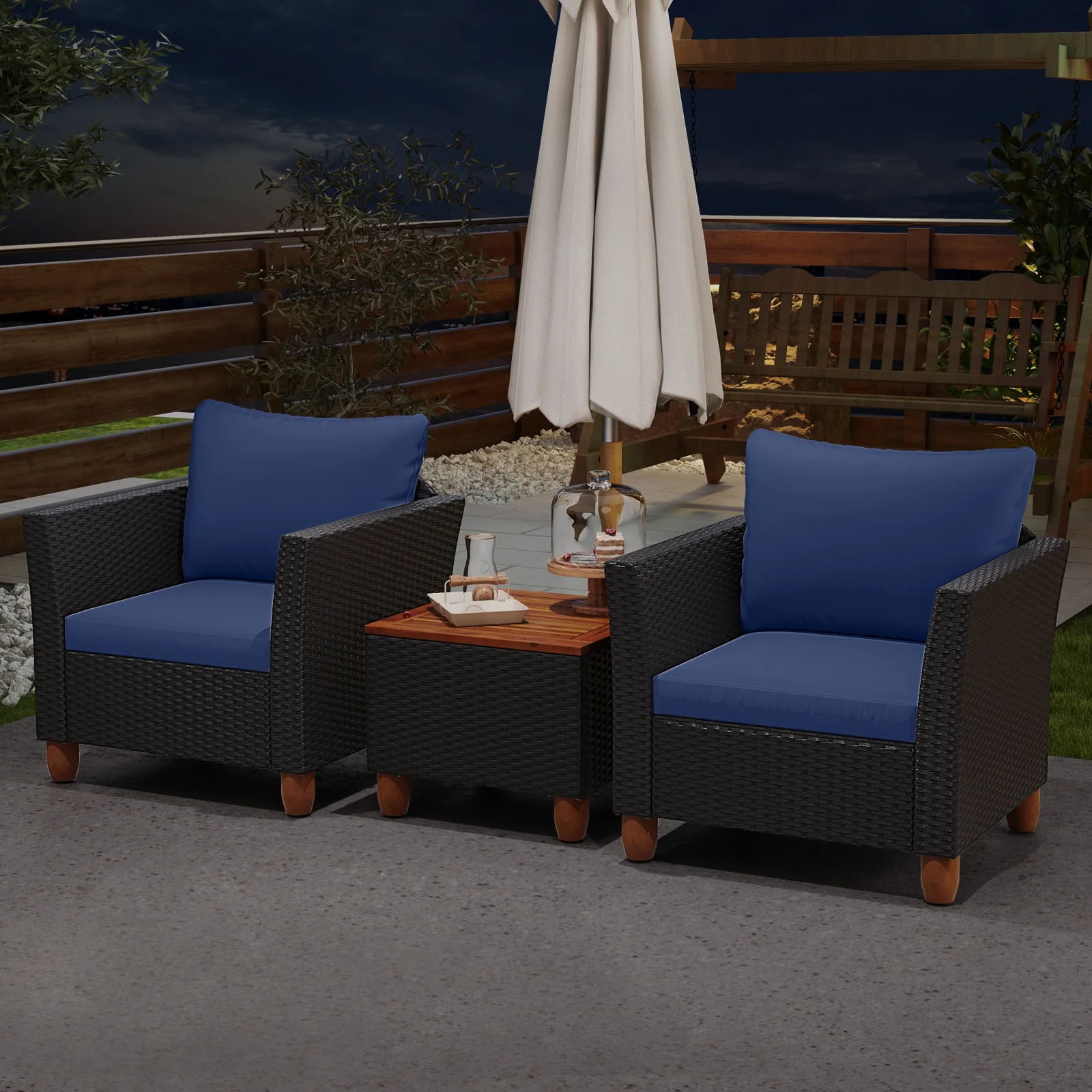 3 Piece Outdoor Patio Rattan Furniture Set, Navy - Image 7
