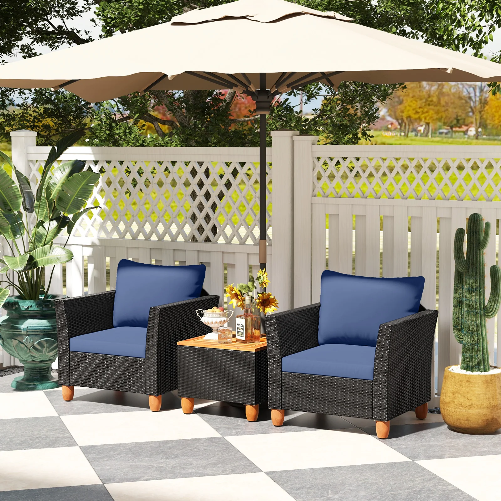 3 Piece Outdoor Patio Rattan Furniture Set, Navy - Image 8