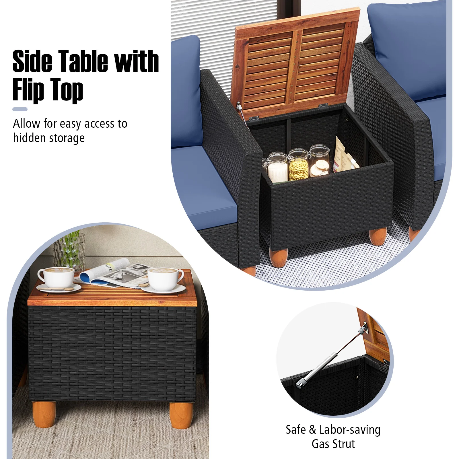 3 Piece Outdoor Patio Rattan Furniture Set, Navy - Image 9