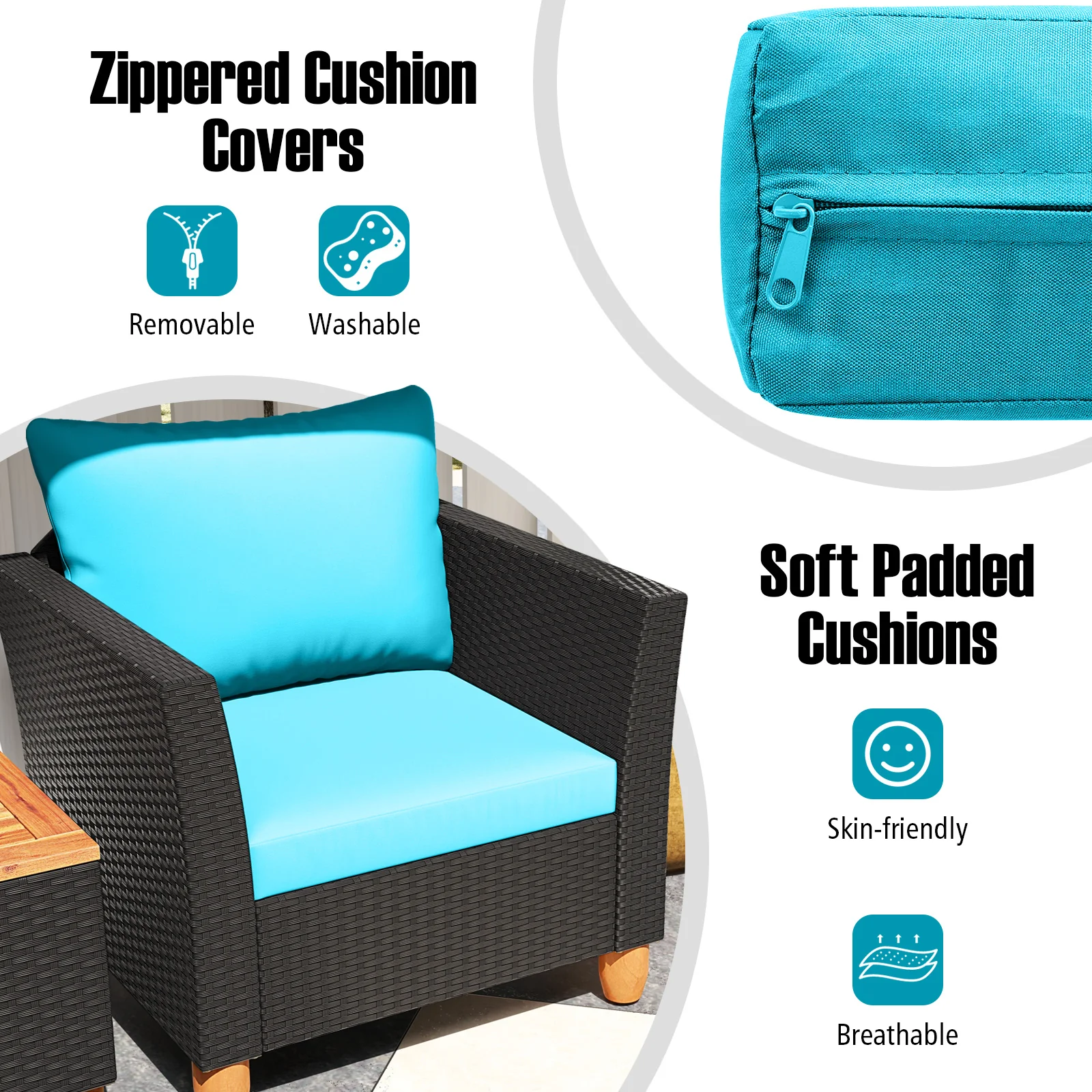 3 Piece Outdoor Patio Rattan Furniture Set, Turquoise - Image 10