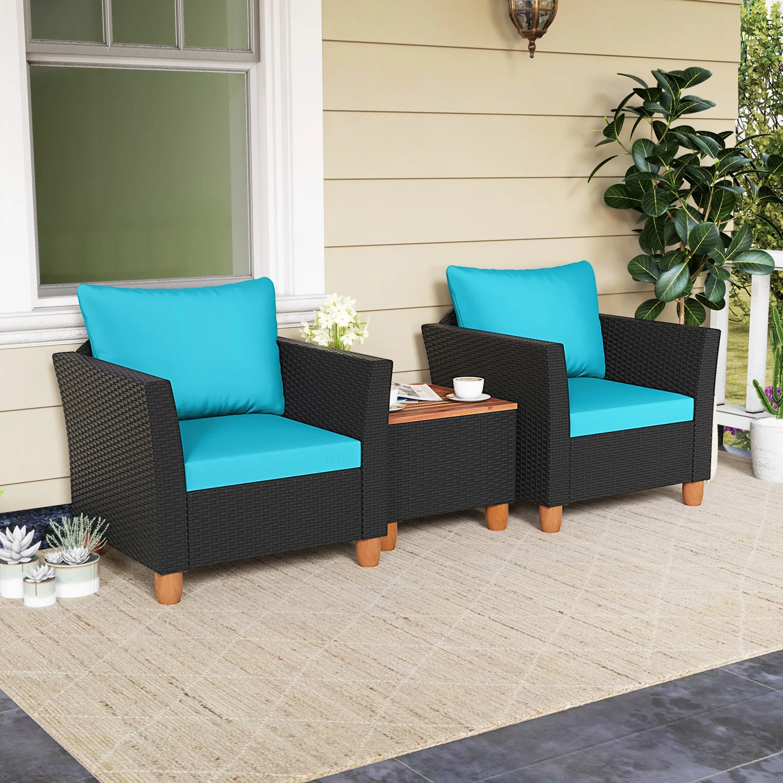 3 Piece Outdoor Patio Rattan Furniture Set, Turquoise - Image 2