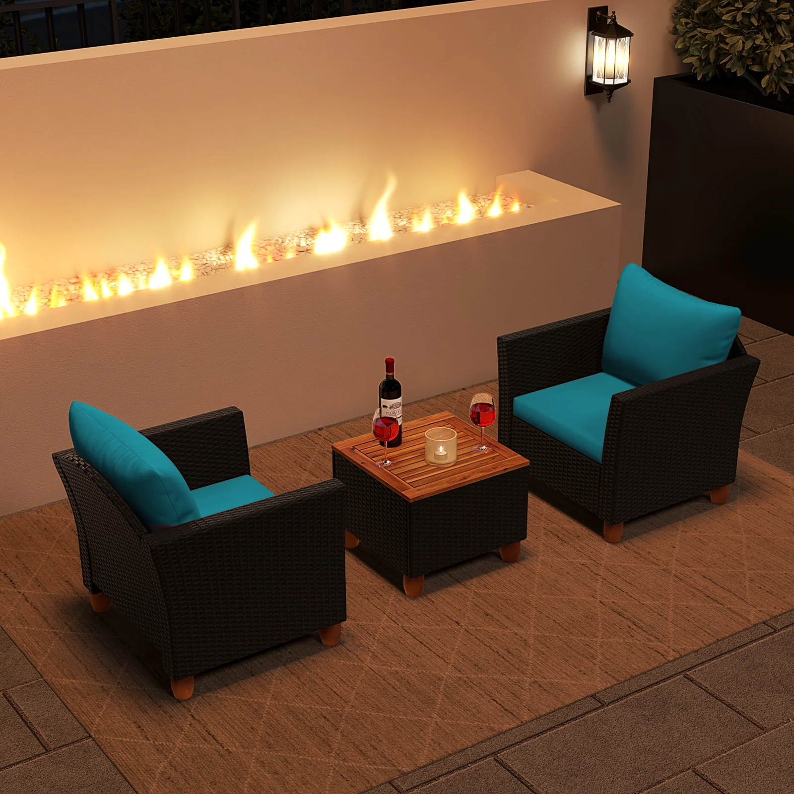 3 Piece Outdoor Patio Rattan Furniture Set, Turquoise - Image 3