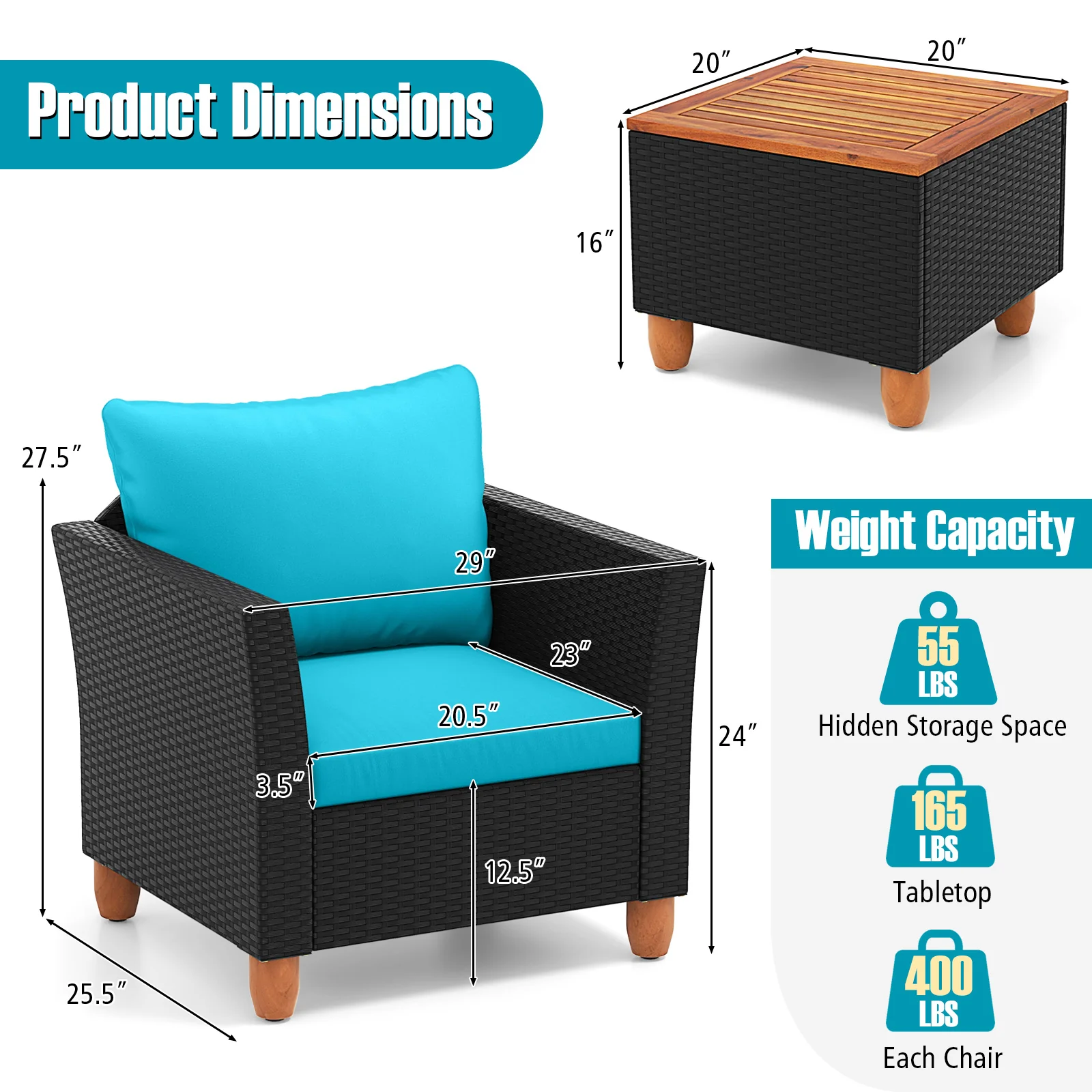 3 Piece Outdoor Patio Rattan Furniture Set, Turquoise - Image 6