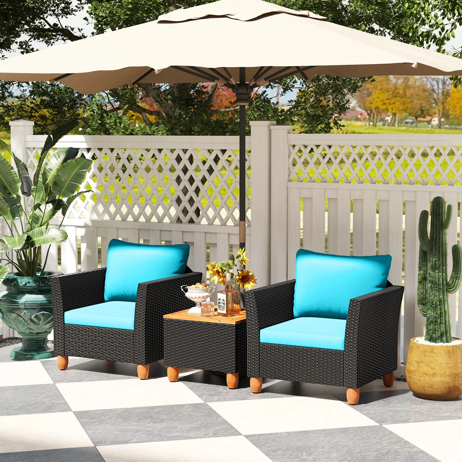 3 Piece Outdoor Patio Rattan Furniture Set, Turquoise - Image 8