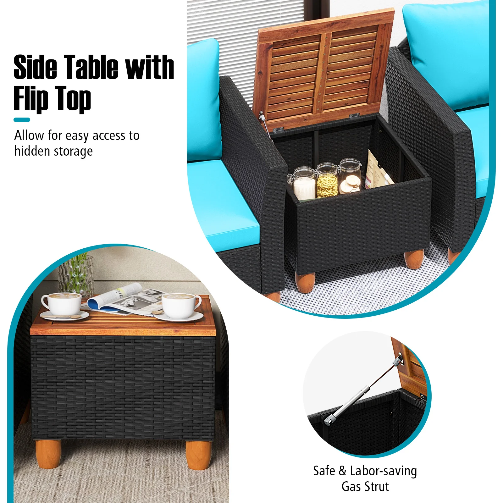 3 Piece Outdoor Patio Rattan Furniture Set, Turquoise - Image 9