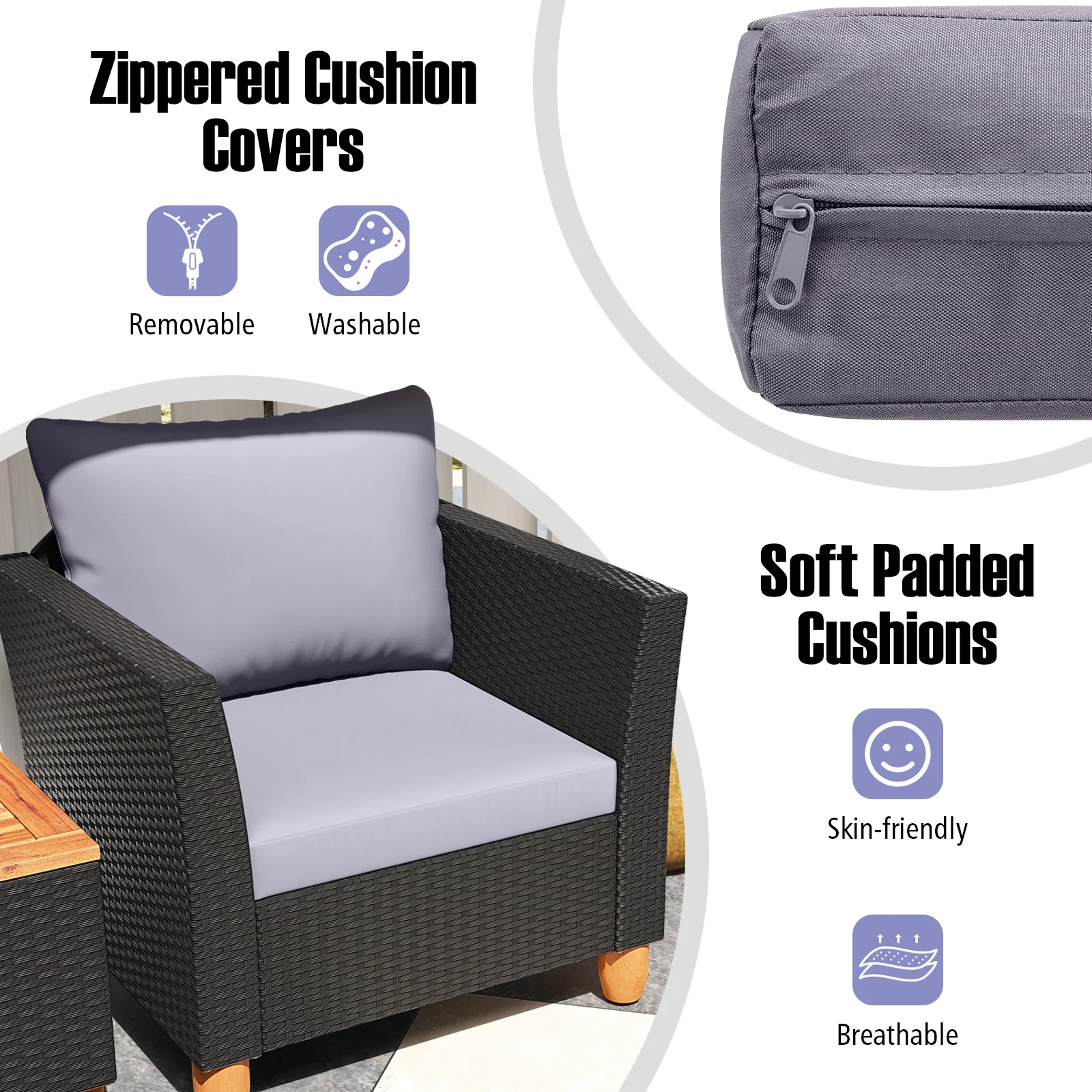 3-Piece Outdoor Patio Wicker Set, With Cushions And Acacia Wood Coffee Table, Gray - Image 10