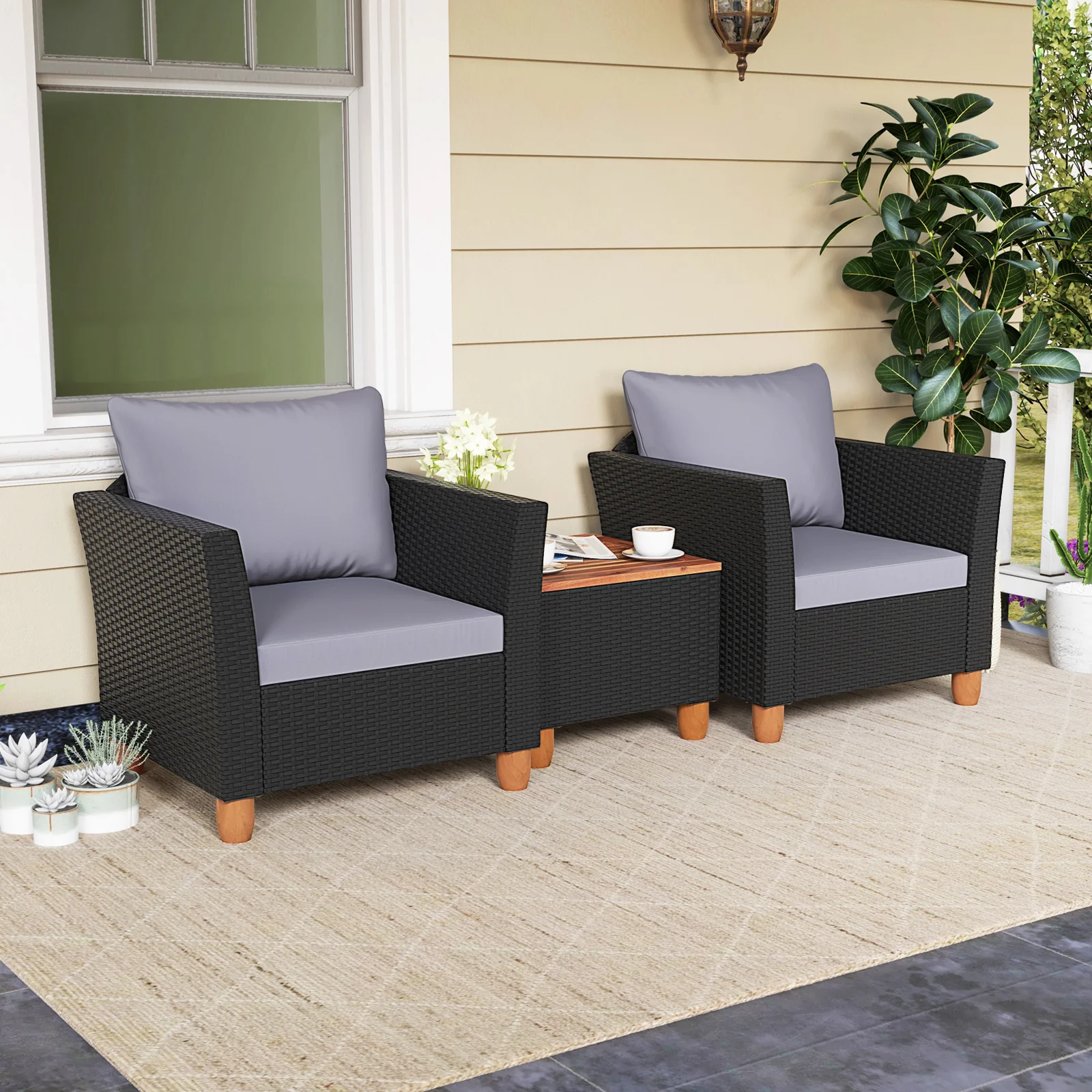 3-Piece Outdoor Patio Wicker Set, With Cushions And Acacia Wood Coffee Table, Gray - Image 2