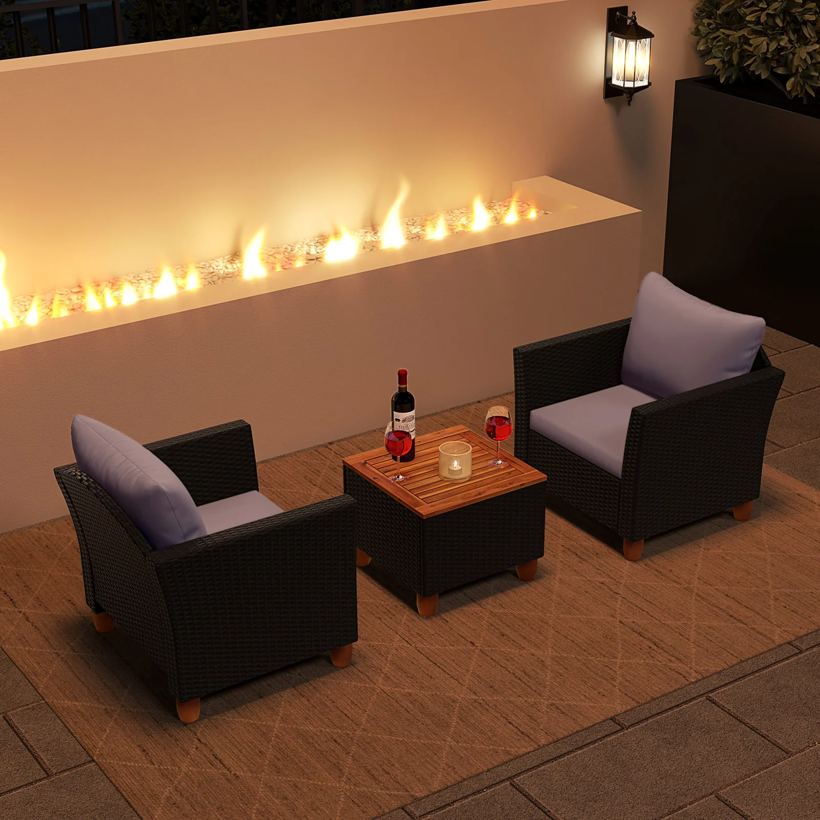 3-Piece Outdoor Patio Wicker Set, With Cushions And Acacia Wood Coffee Table, Gray - Image 3