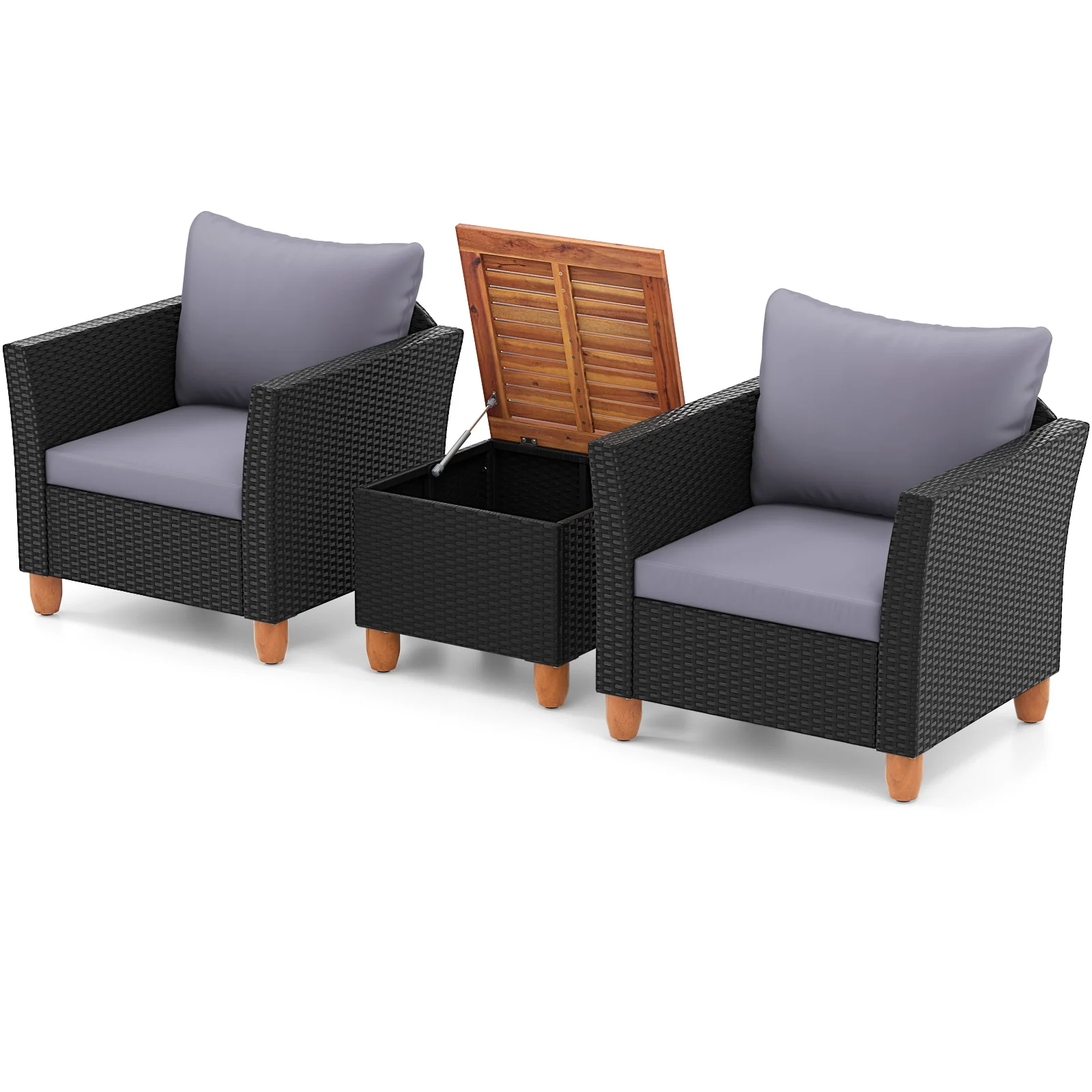 3-Piece Outdoor Patio Wicker Set, With Cushions And Acacia Wood Coffee Table, Gray - Image 4