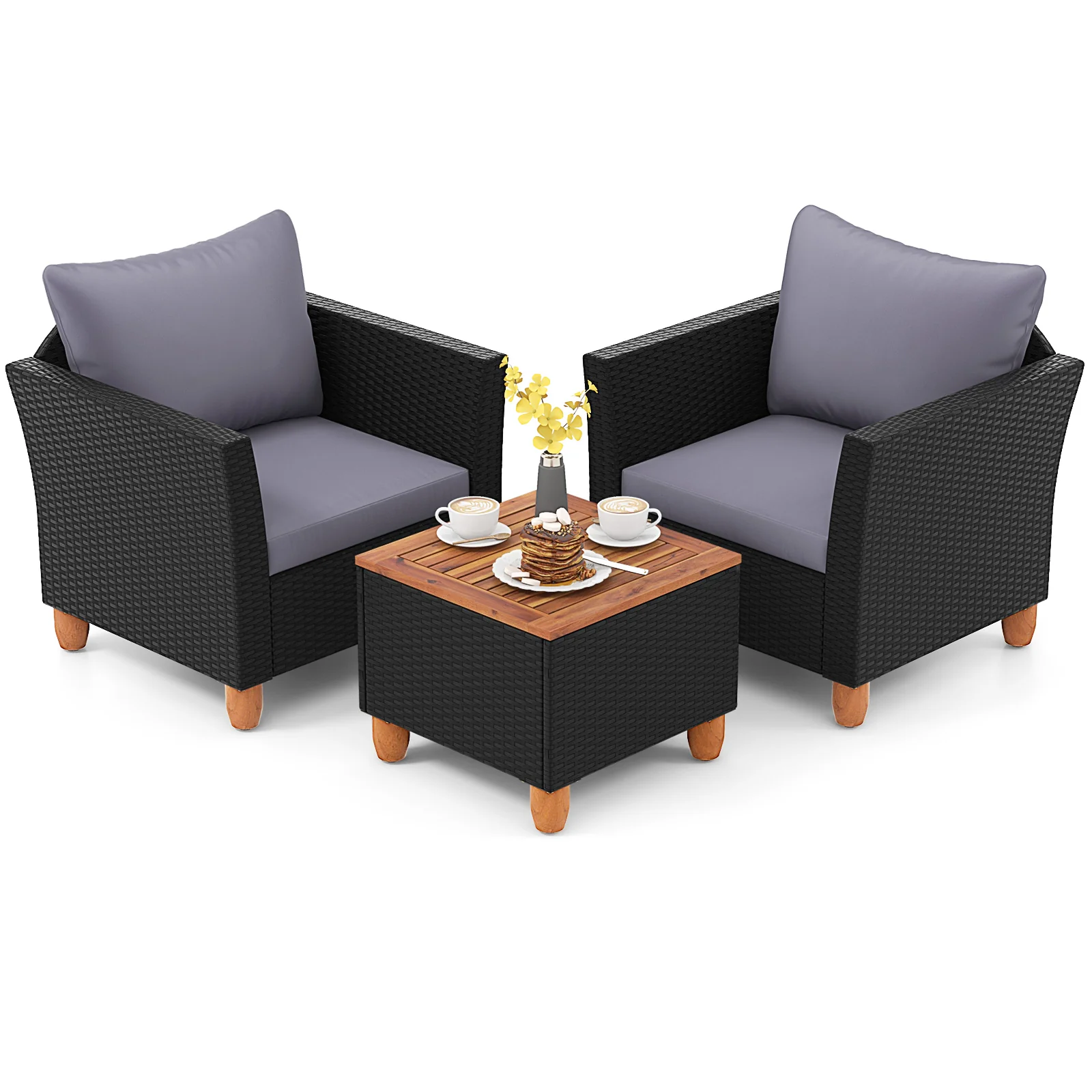 3-Piece Outdoor Patio Wicker Set, With Cushions And Acacia Wood Coffee Table, Gray - Image 5