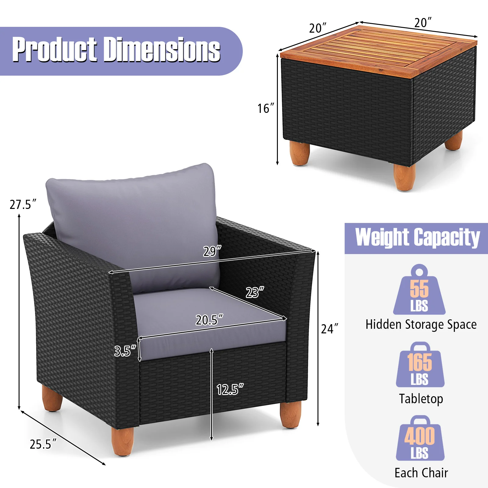 3-Piece Outdoor Patio Wicker Set, With Cushions And Acacia Wood Coffee Table, Gray - Image 6
