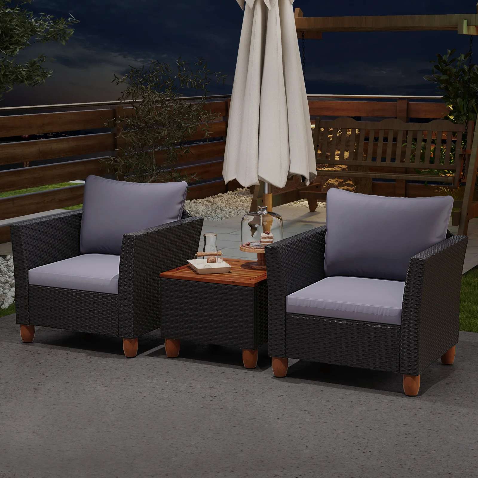 3-Piece Outdoor Patio Wicker Set, With Cushions And Acacia Wood Coffee Table, Gray - Image 7