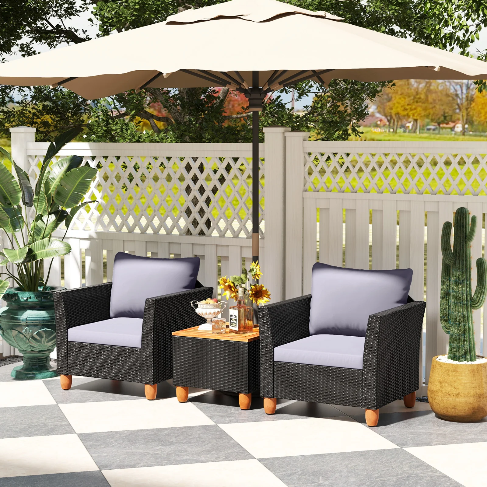 3-Piece Outdoor Patio Wicker Set, With Cushions And Acacia Wood Coffee Table, Gray - Image 8