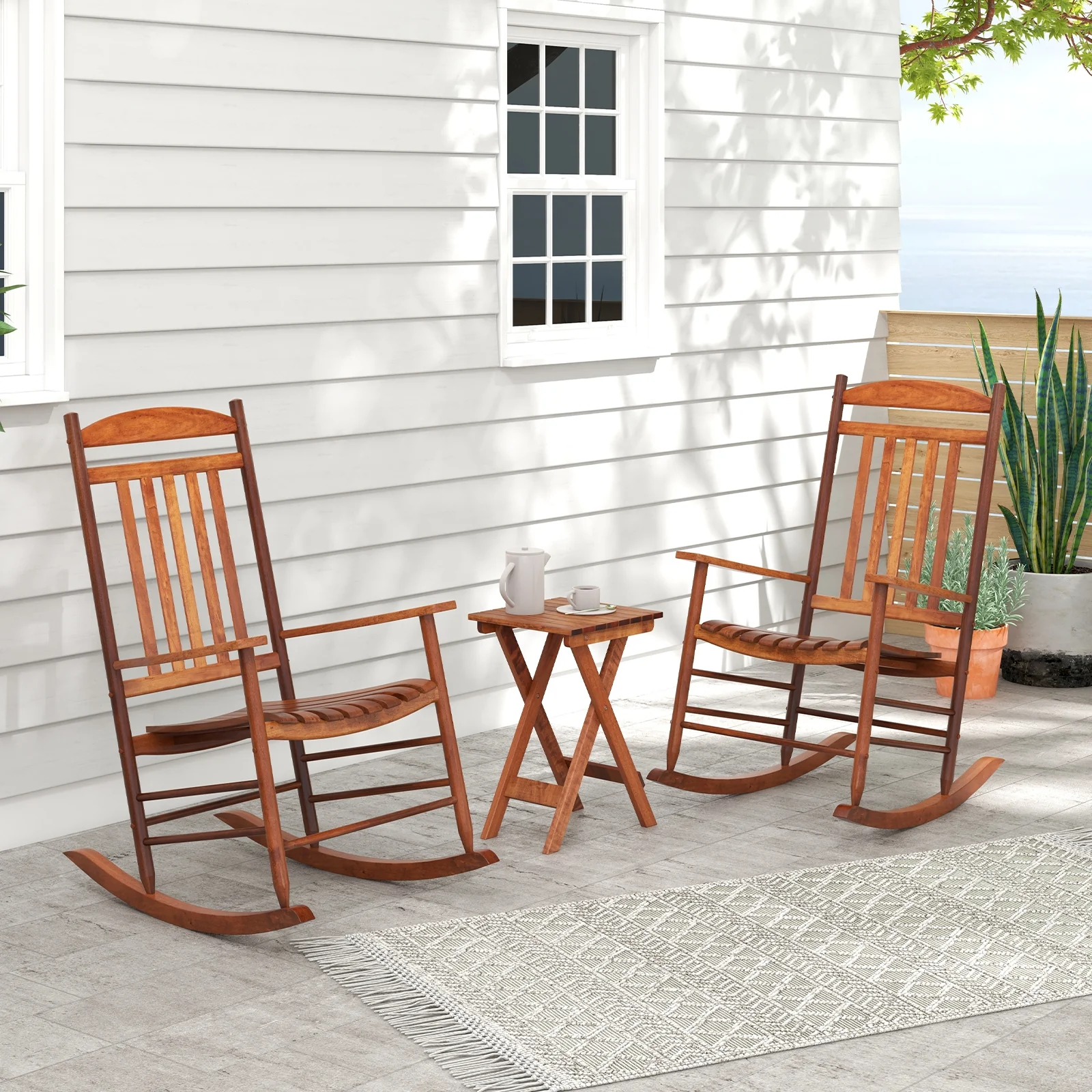 3-Piece Outdoor Poplar Wood Rocking Bistro Set, Natural - Image 2