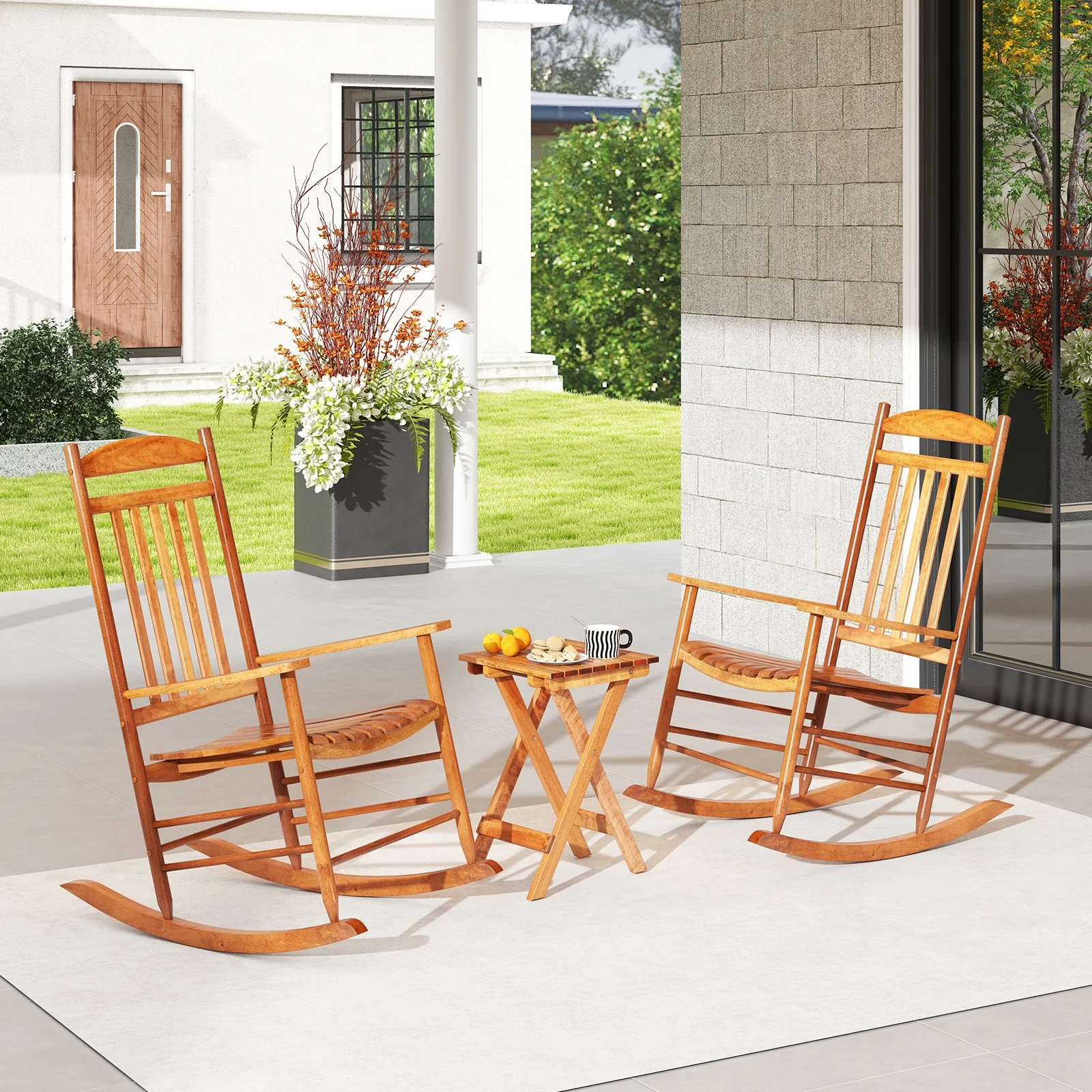 3-Piece Outdoor Poplar Wood Rocking Bistro Set, Natural - Image 3