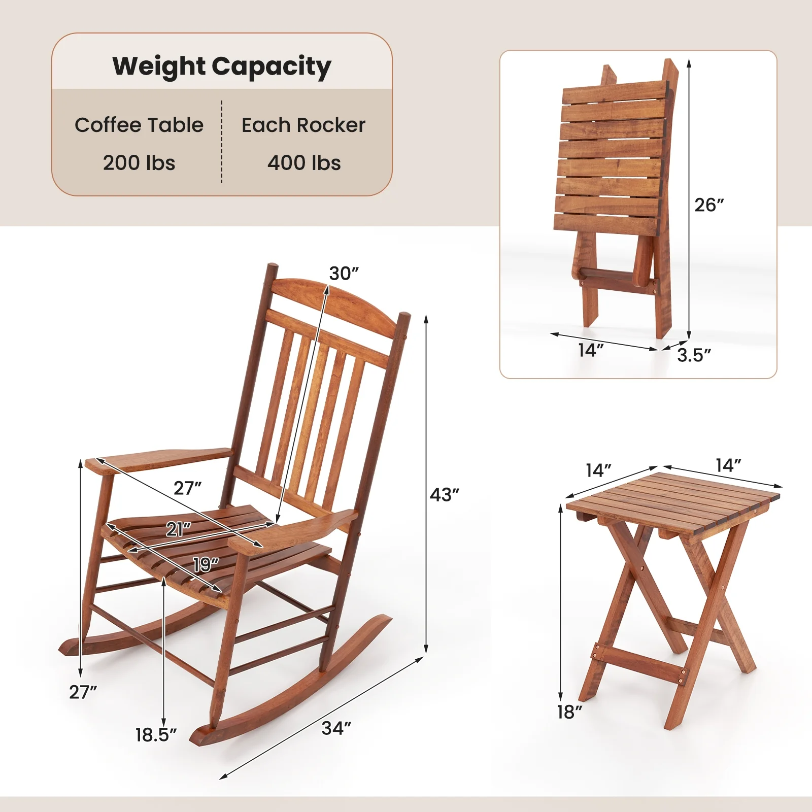 3-Piece Outdoor Poplar Wood Rocking Bistro Set, Natural - Image 6