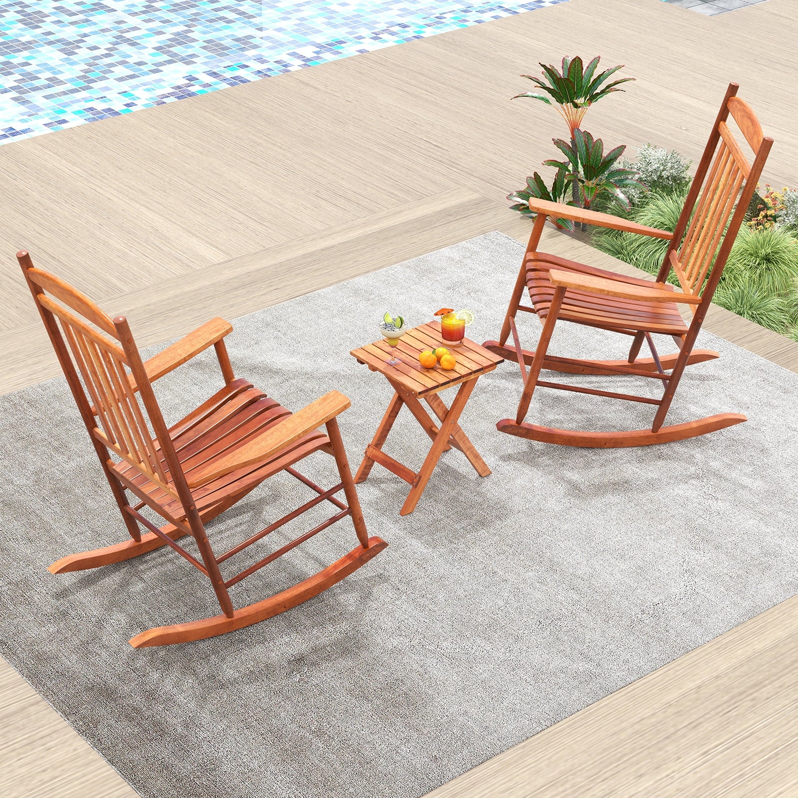 3-Piece Outdoor Poplar Wood Rocking Bistro Set, Natural - Image 7