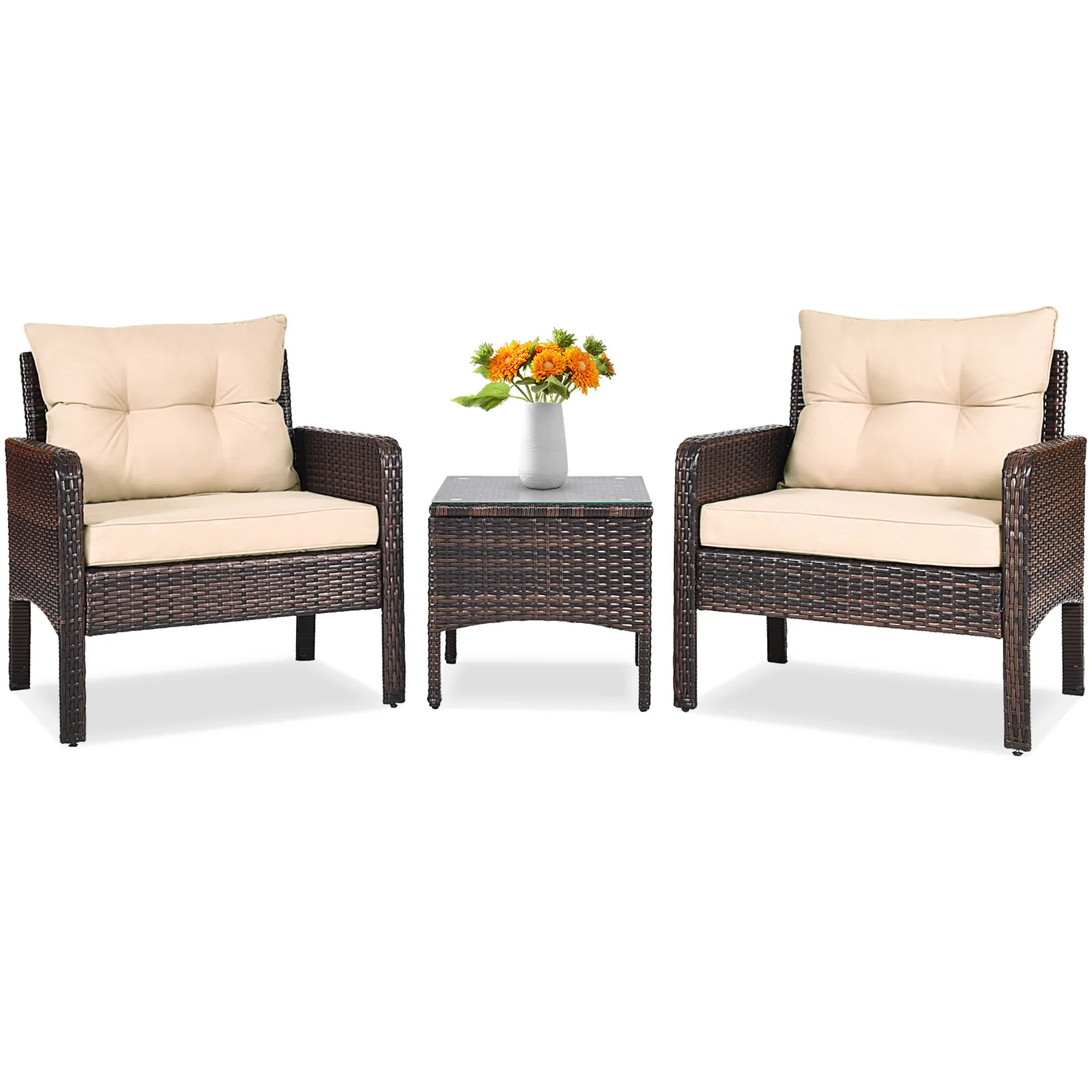 3 Piece Outdoor Rattan Conversation Set, Beige - Image 4