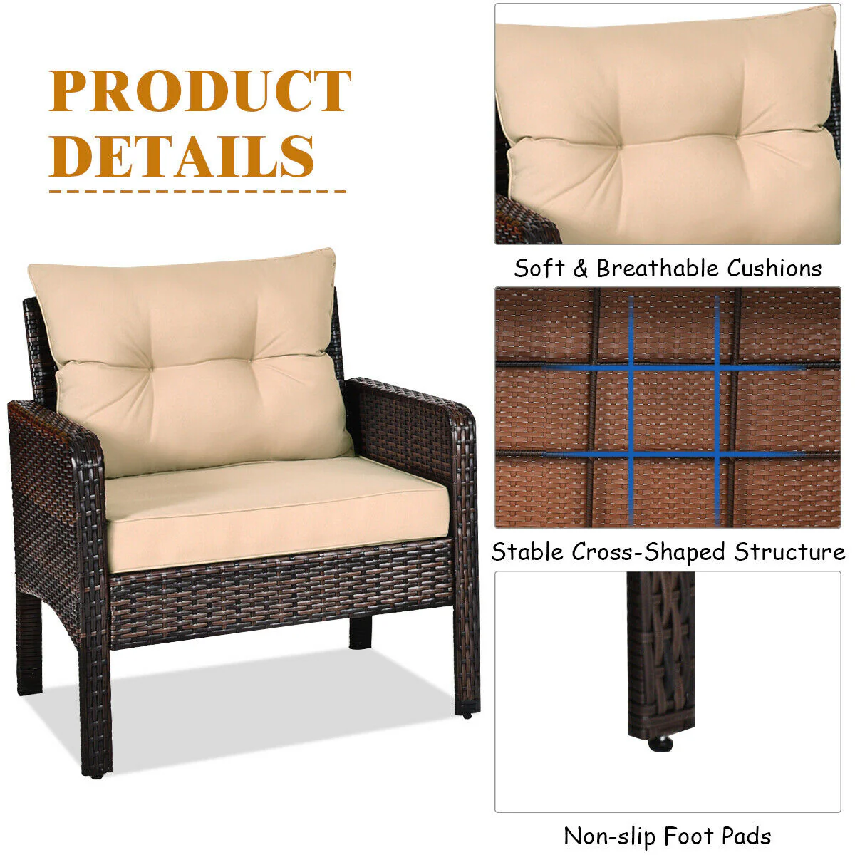 3 Piece Outdoor Rattan Conversation Set, Beige - Image 6