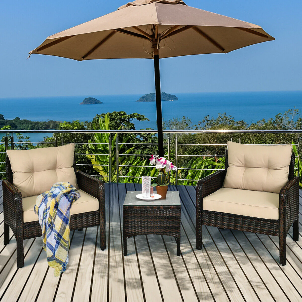 3 Piece Outdoor Rattan Conversation Set, Beige - Image 7