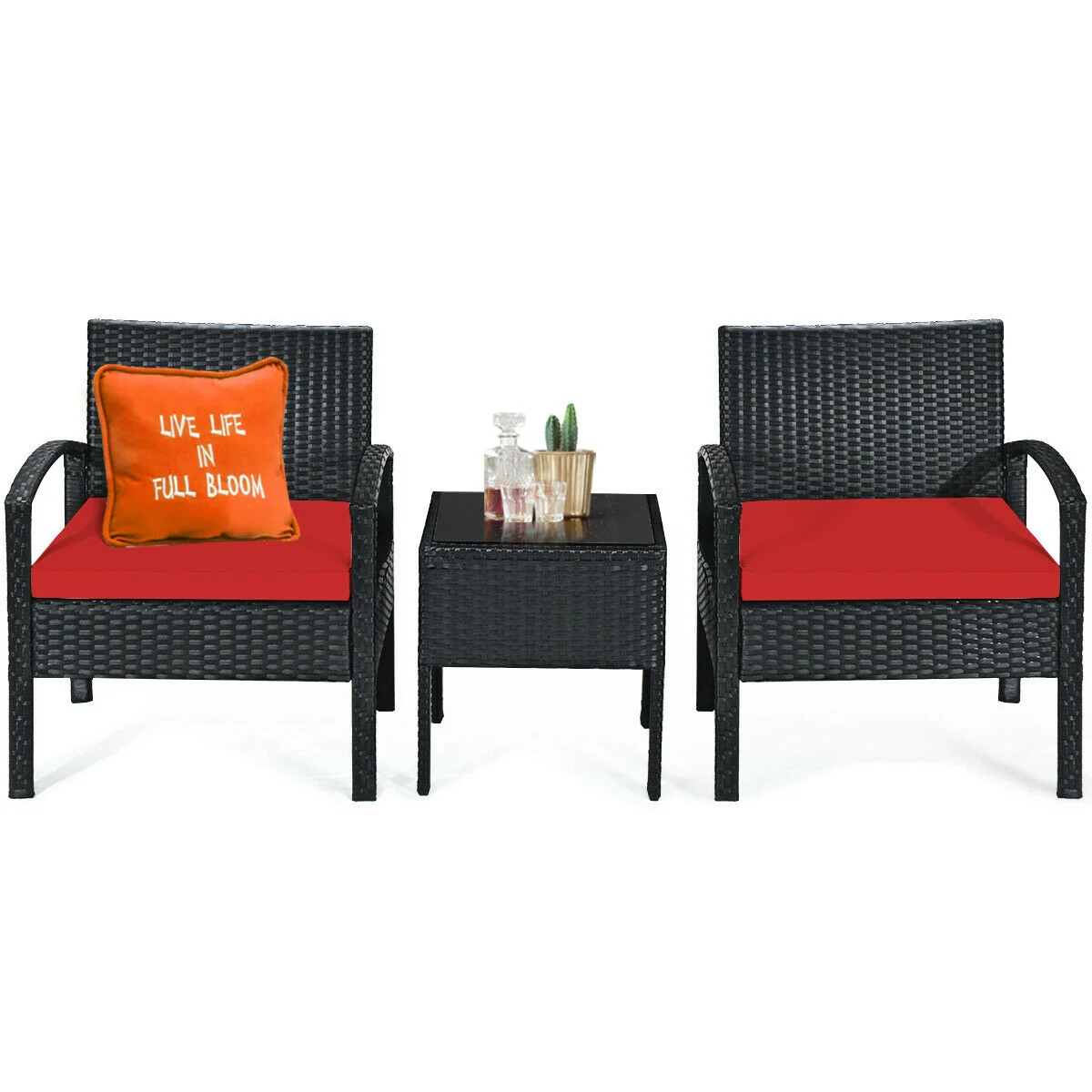 3 Piece Outdoor Rattan Patio Conversation Set, Red - Image 10