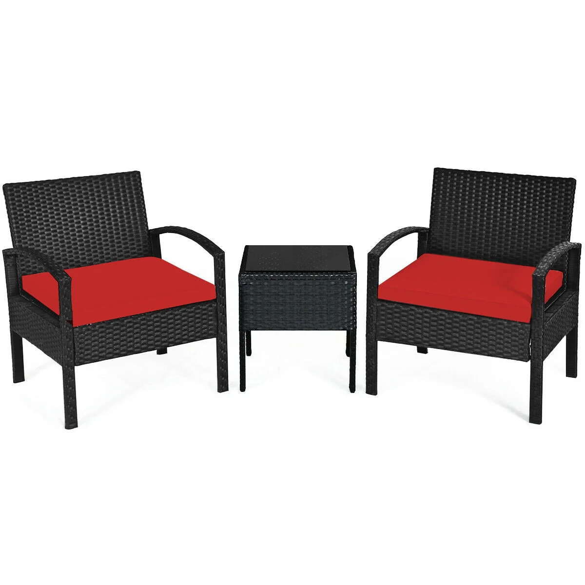 3 Piece Outdoor Rattan Patio Conversation Set, Red - Image 4