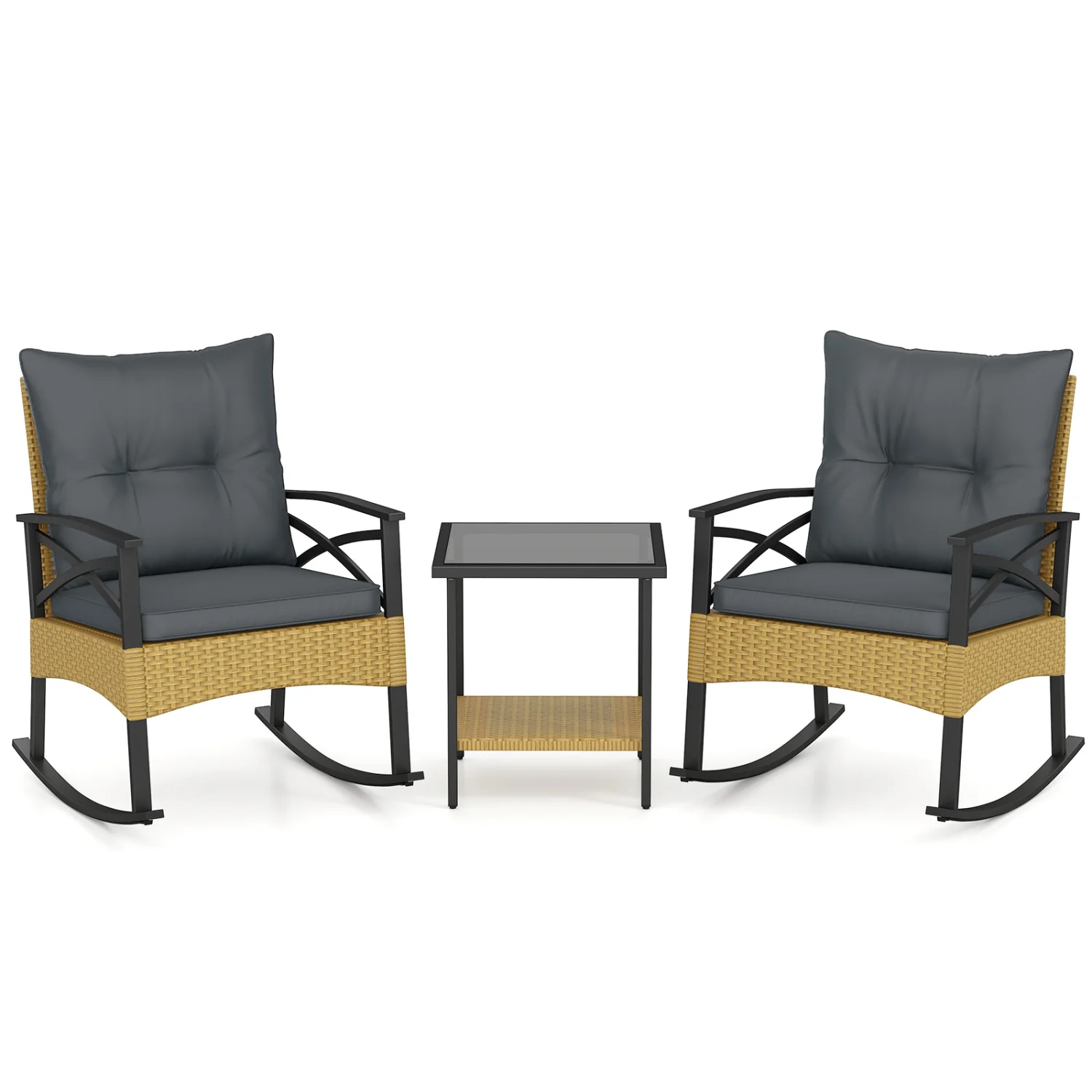 3-Piece Outdoor Rattan Rocking Chairs Set With 2-Tier Side Table, Gray