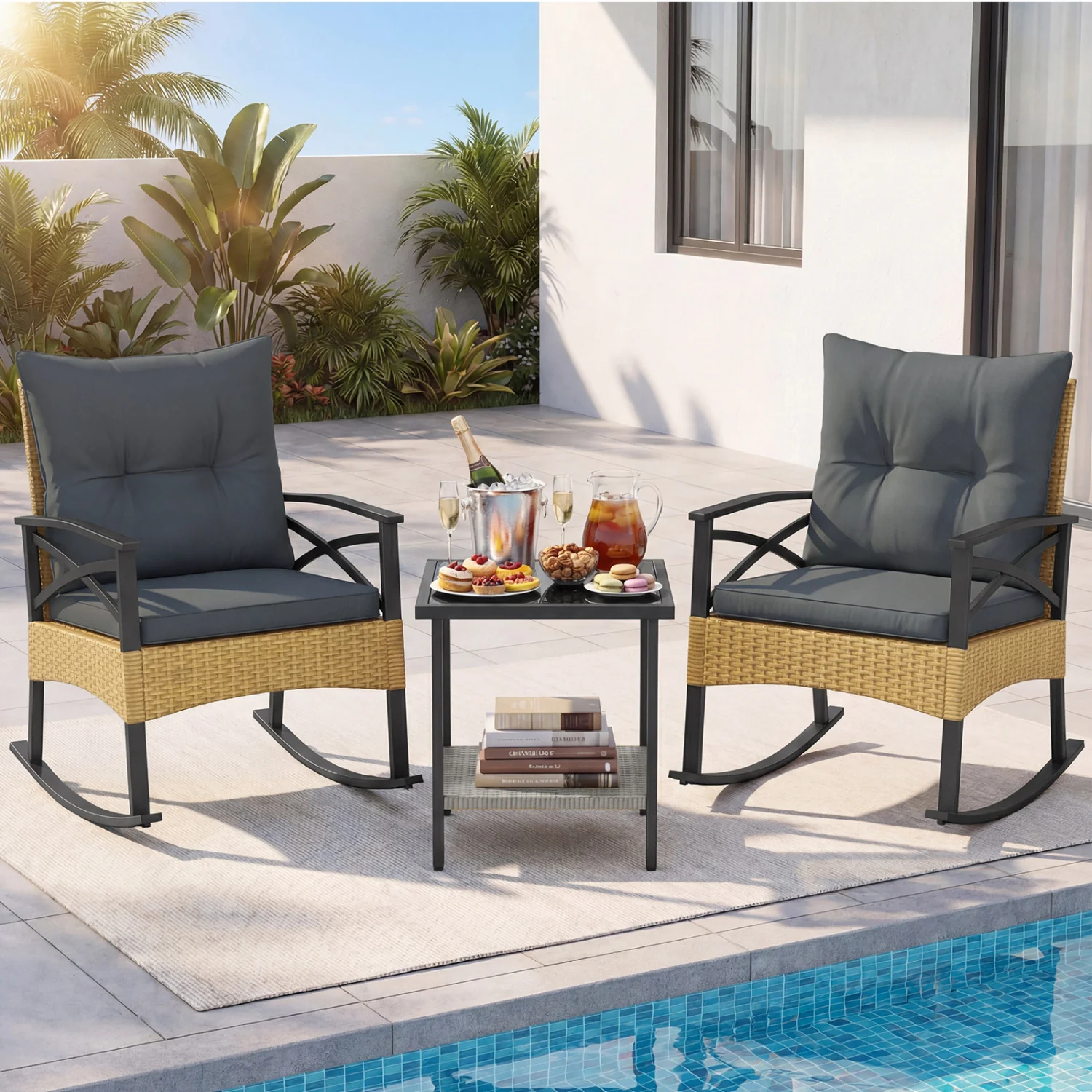 3-Piece Outdoor Rattan Rocking Chairs Set With 2-Tier Side Table, Gray - Image 3