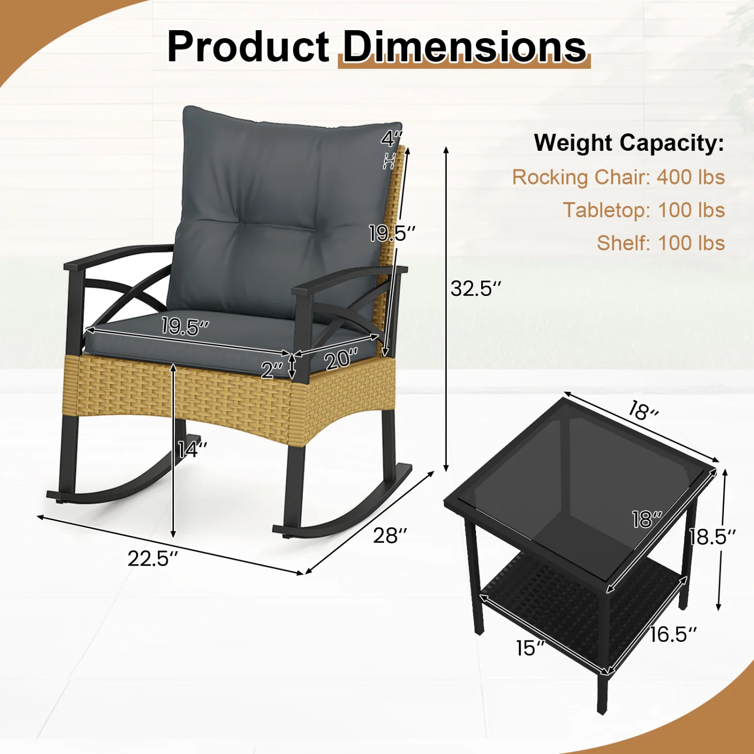 3-Piece Outdoor Rattan Rocking Chairs Set With 2-Tier Side Table, Gray - Image 6