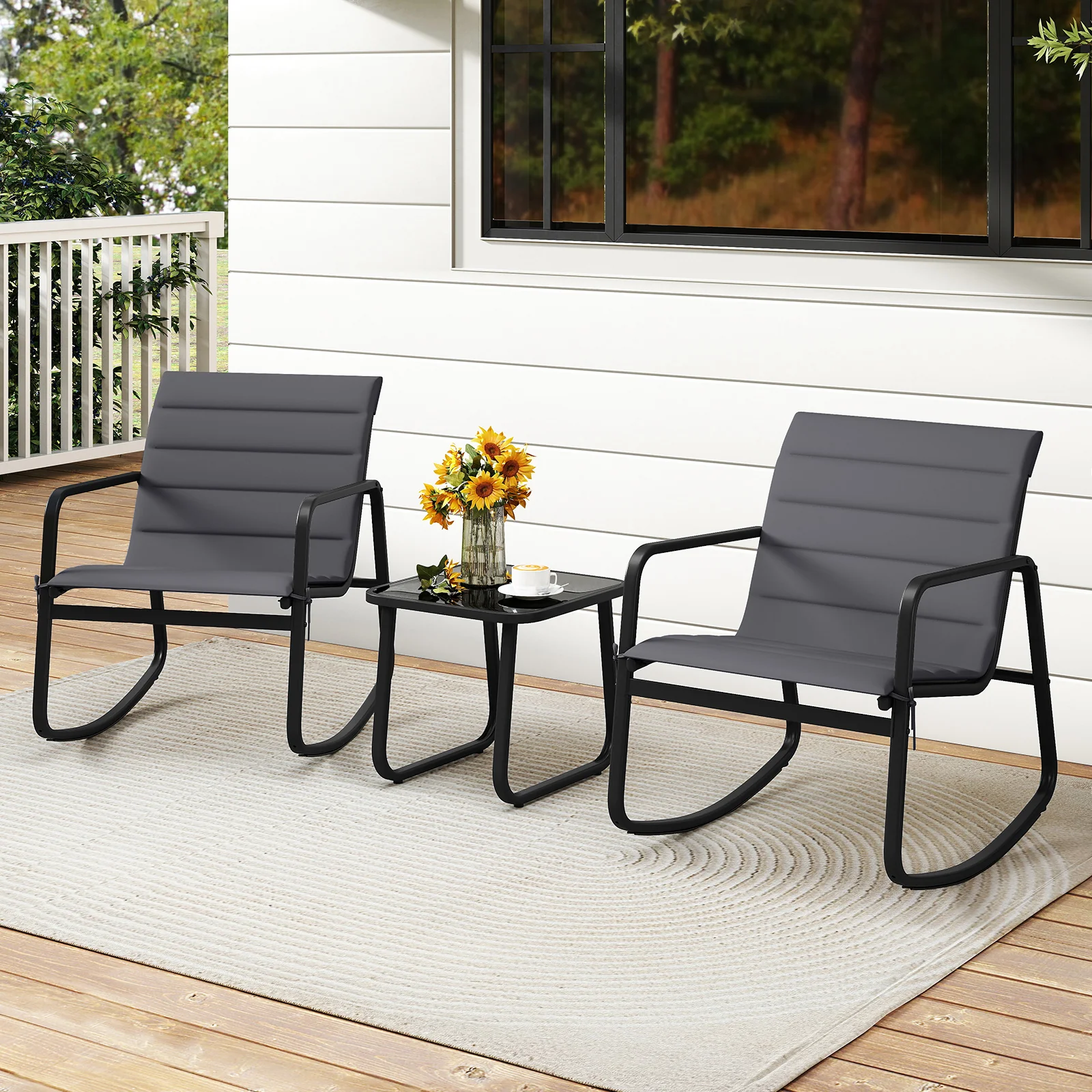 3 Piece Outdoor Rocking Bistro Set, Tempered Glass Table, Gray - Image 2
