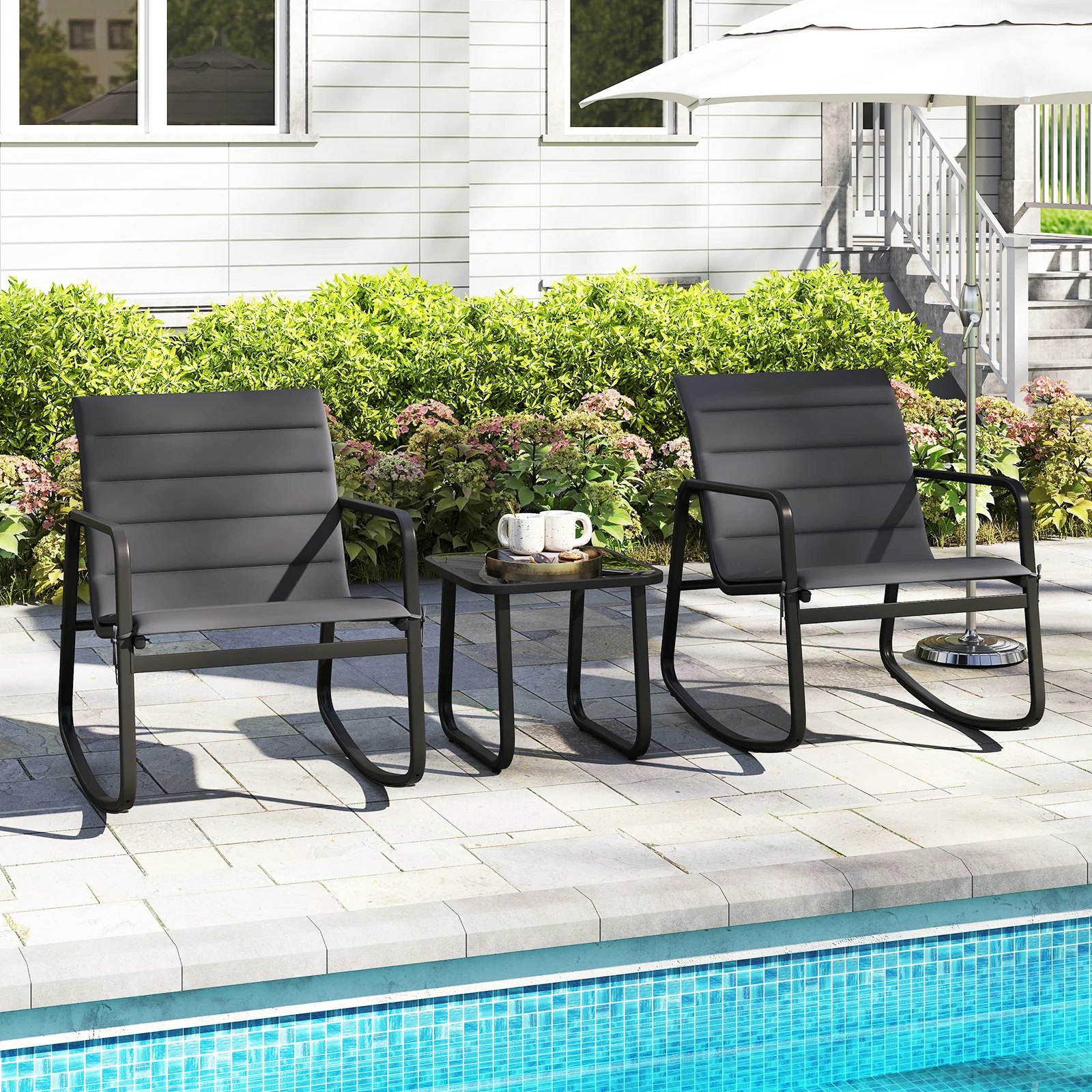 3 Piece Outdoor Rocking Bistro Set, Tempered Glass Table, Gray - Image 3