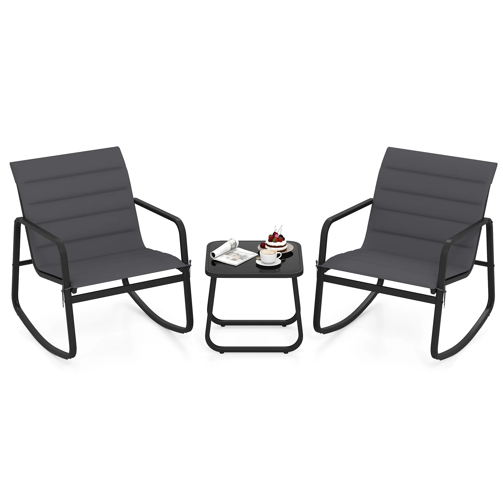 3 Piece Outdoor Rocking Bistro Set, Tempered Glass Table, Gray - Image 4