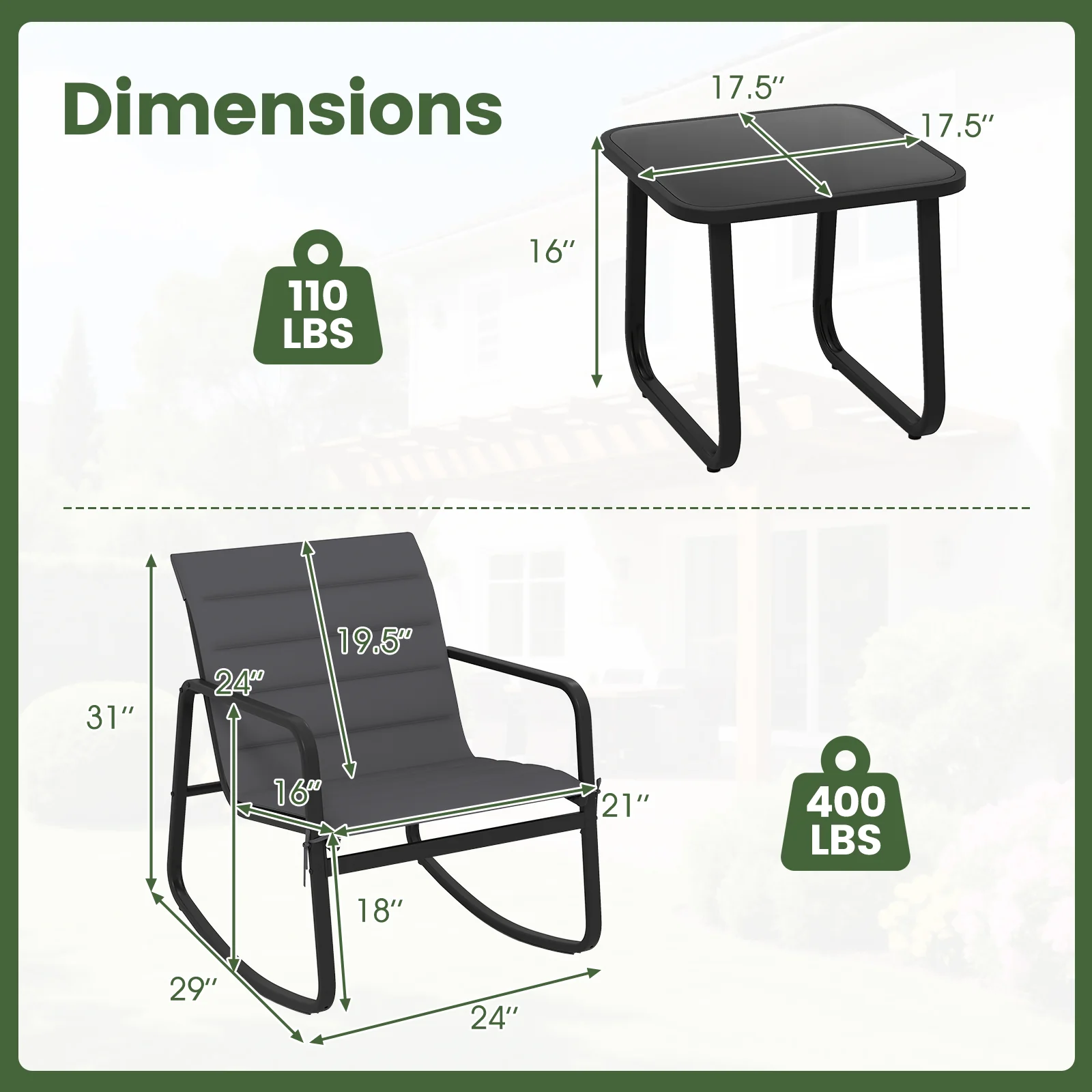 3 Piece Outdoor Rocking Bistro Set, Tempered Glass Table, Gray - Image 6