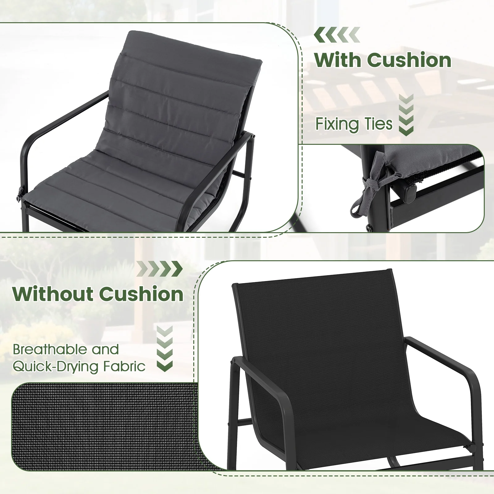 3 Piece Outdoor Rocking Bistro Set, Tempered Glass Table, Gray - Image 9