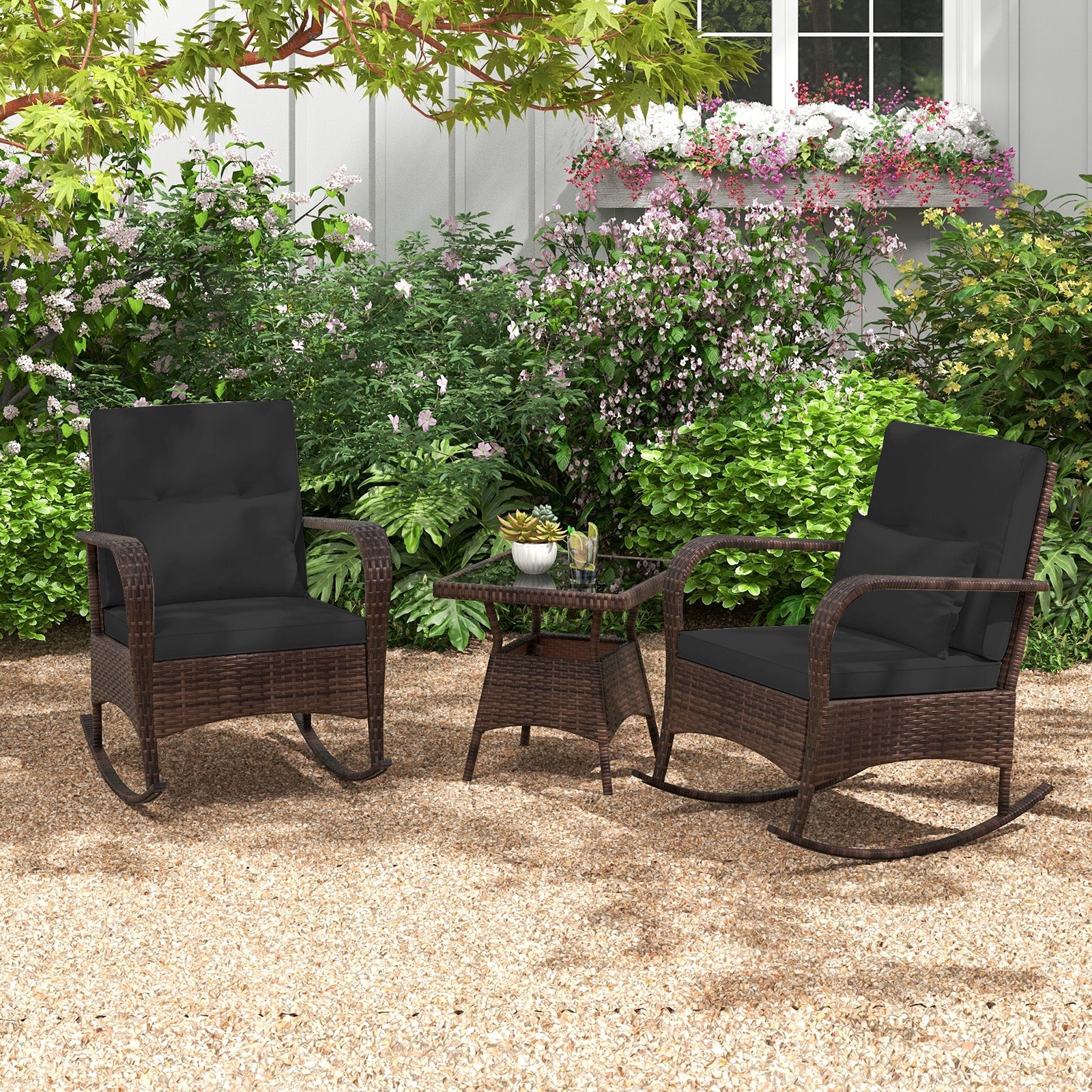 3-Piece Outdoor Rocking Set, Tempered Glass Coffee Table, Black - Image 10