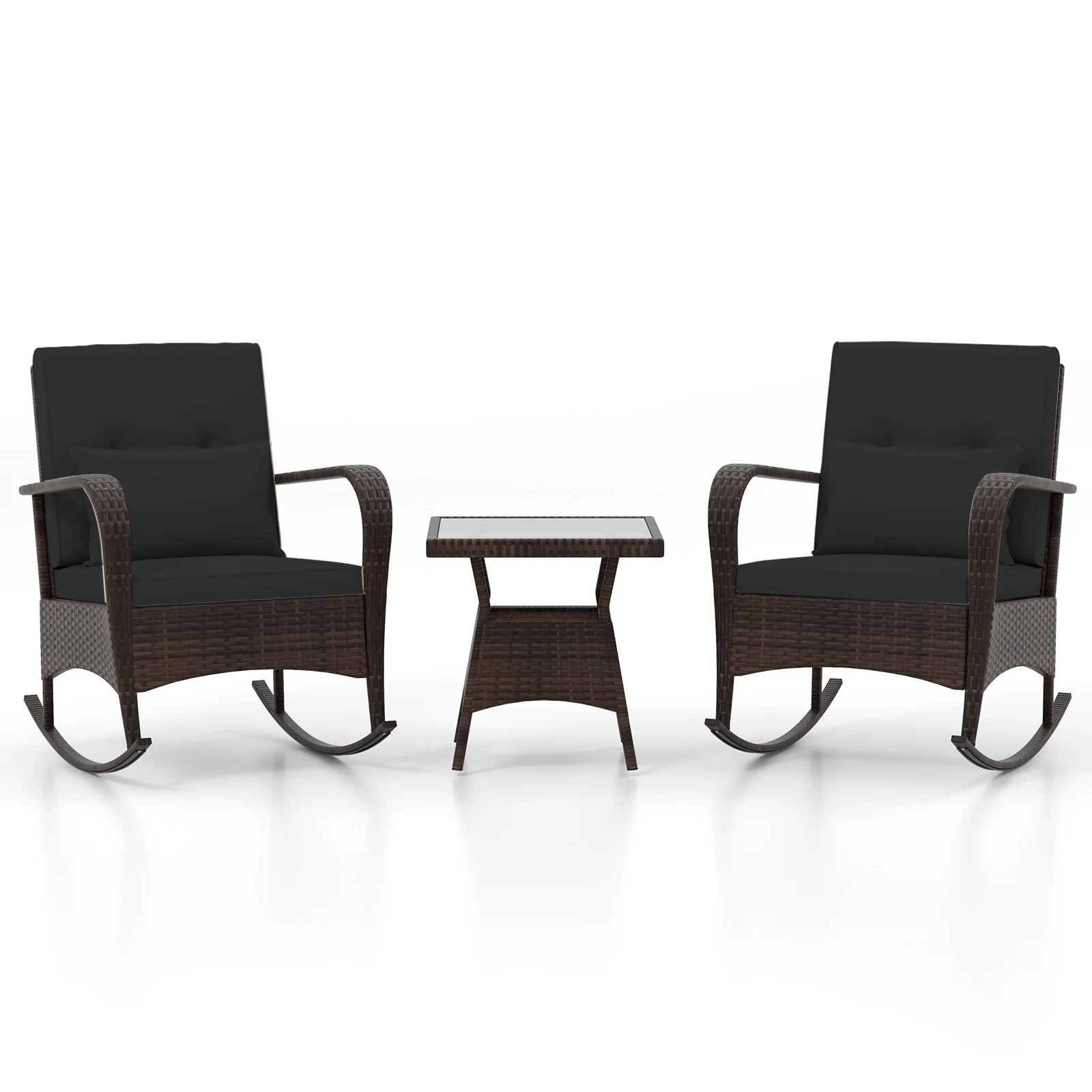 3-Piece Outdoor Rocking Set, Tempered Glass Coffee Table, Black - Image 4