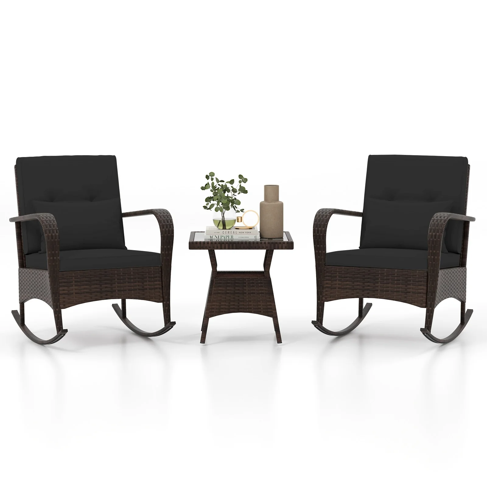 3-Piece Outdoor Rocking Set, Tempered Glass Coffee Table, Black - Image 5