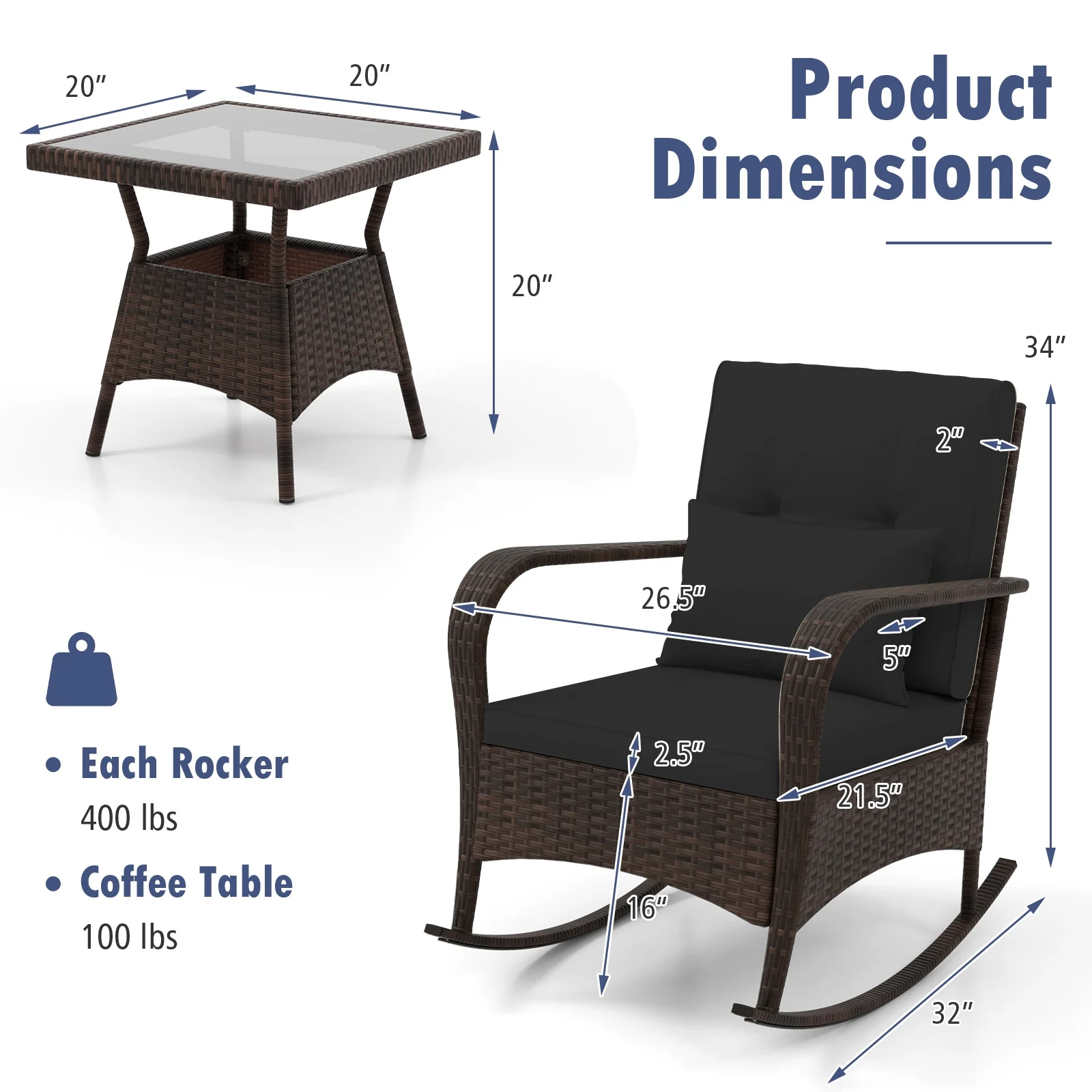 3-Piece Outdoor Rocking Set, Tempered Glass Coffee Table, Black - Image 6