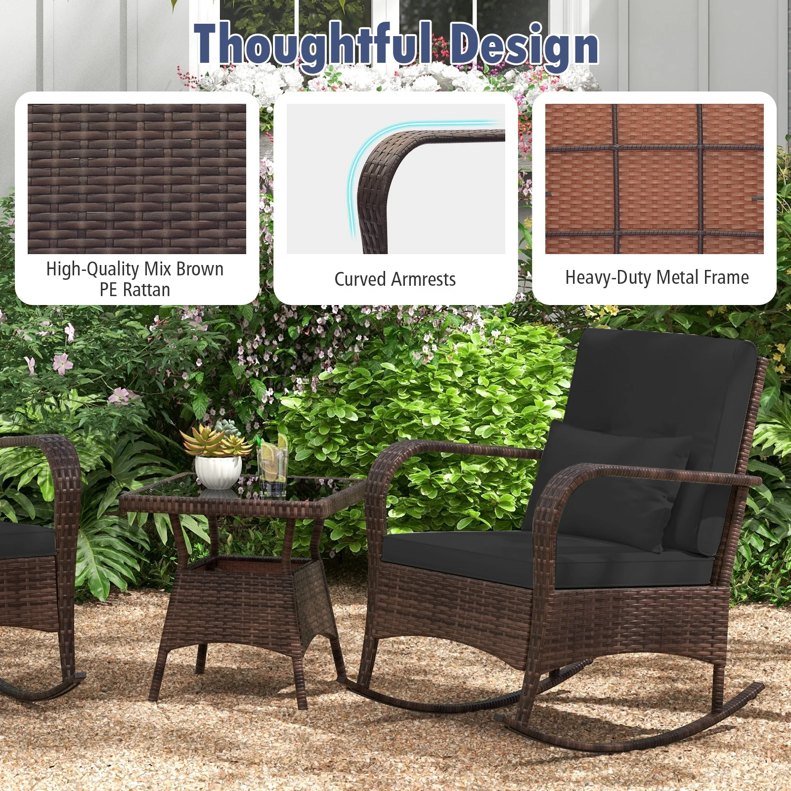 3-Piece Outdoor Rocking Set, Tempered Glass Coffee Table, Black - Image 9
