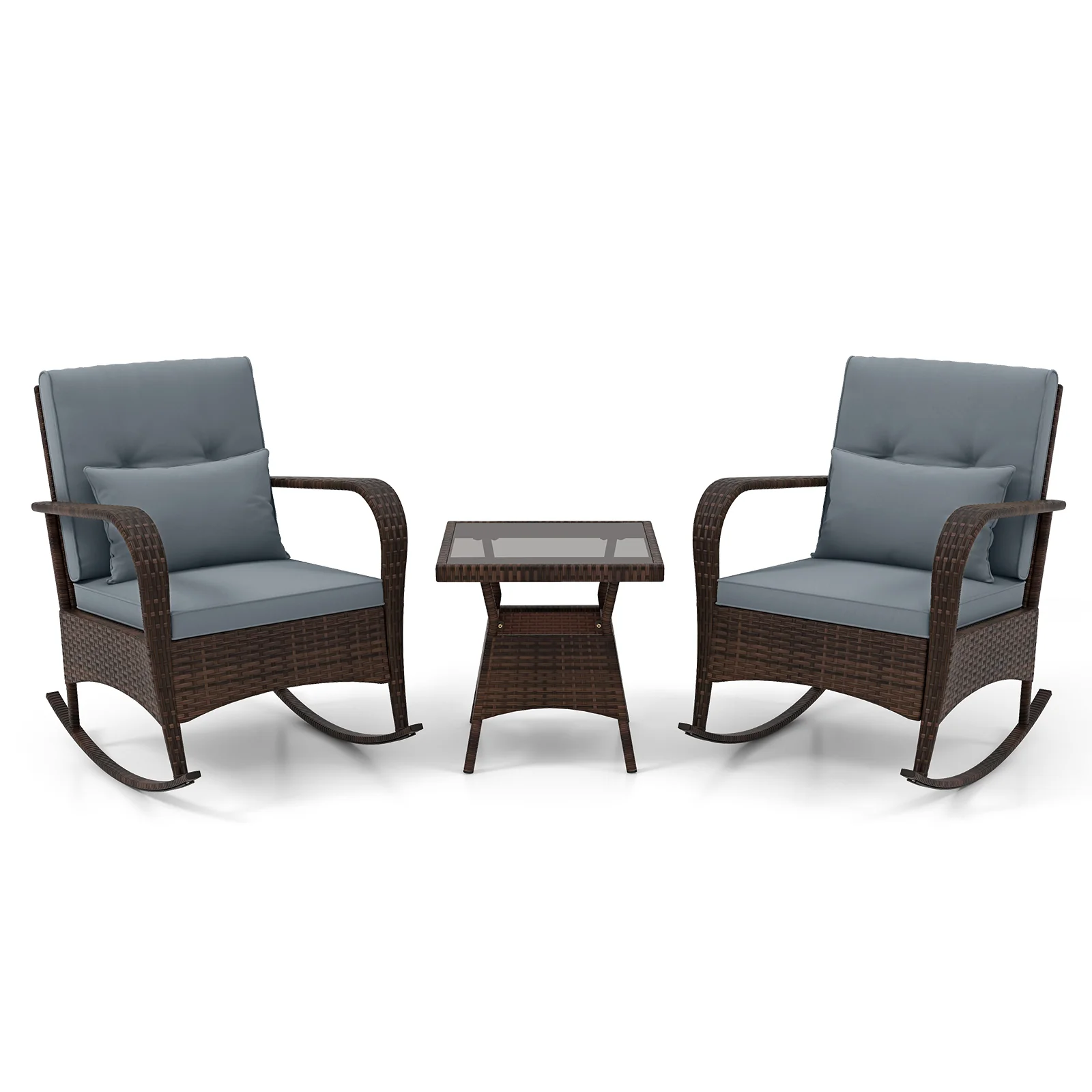 3 Piece Outdoor Rocking Set, Tempered Glass Coffee Table, Gray