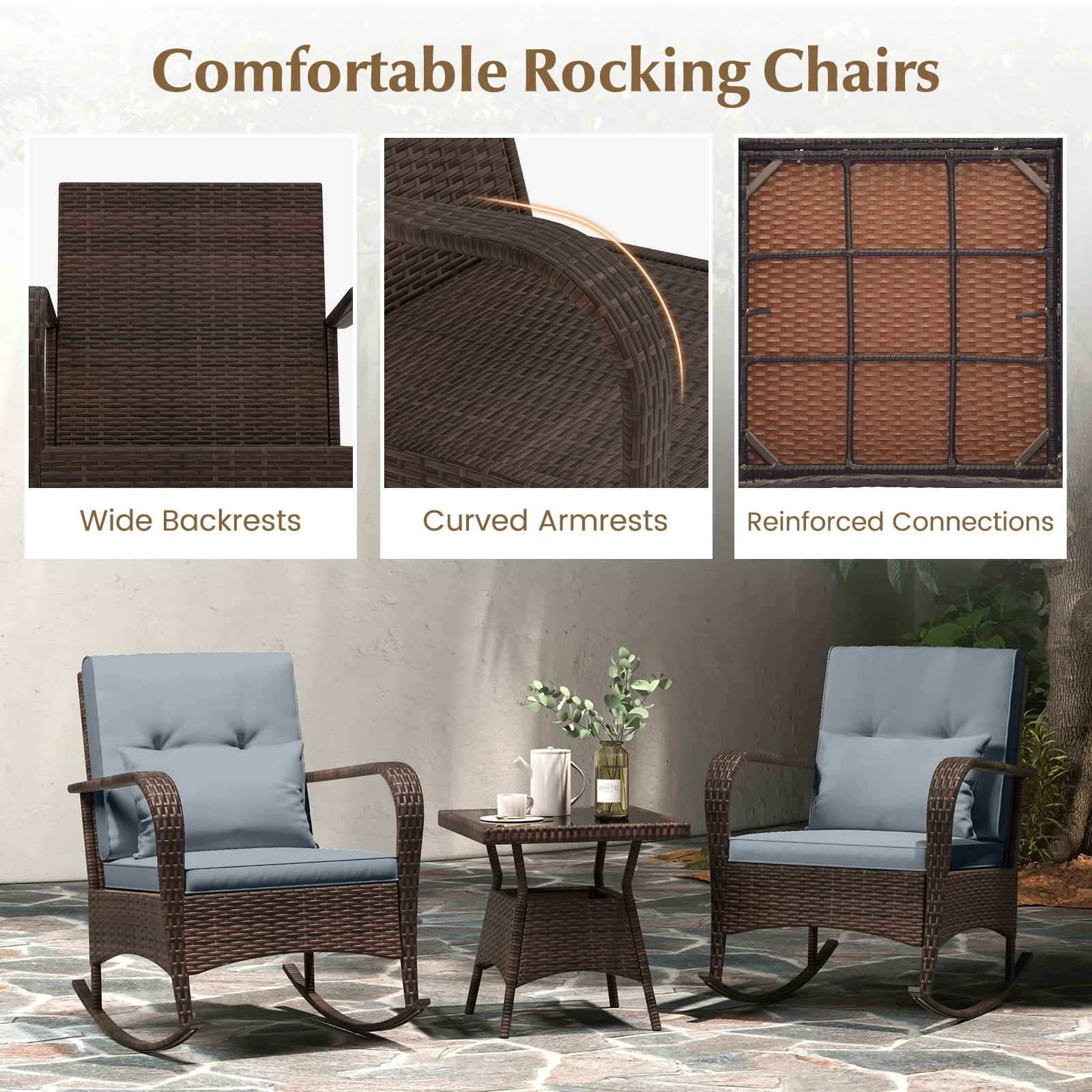 3 Piece Outdoor Rocking Set, Tempered Glass Coffee Table, Gray - Image 10