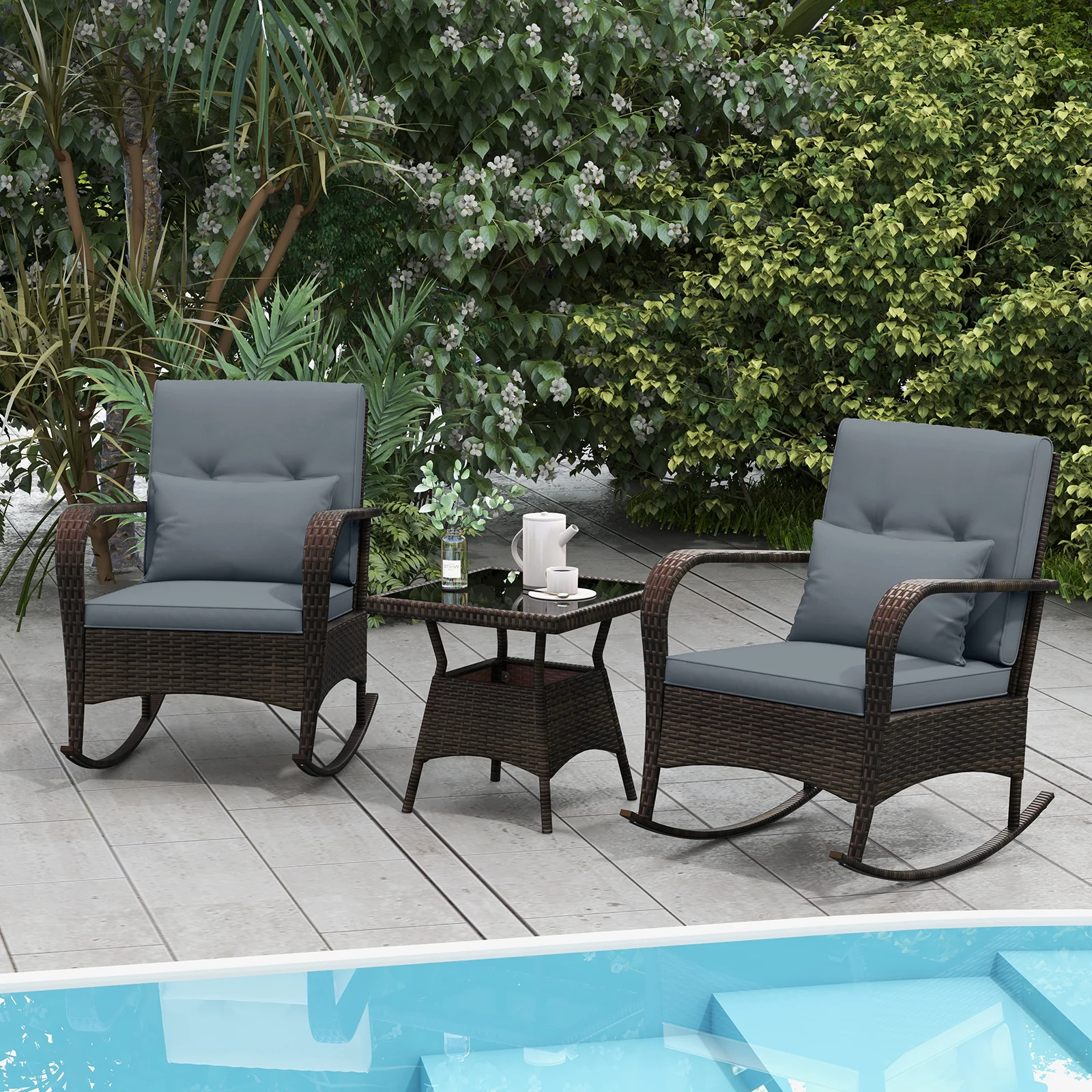 3 Piece Outdoor Rocking Set, Tempered Glass Coffee Table, Gray - Image 2