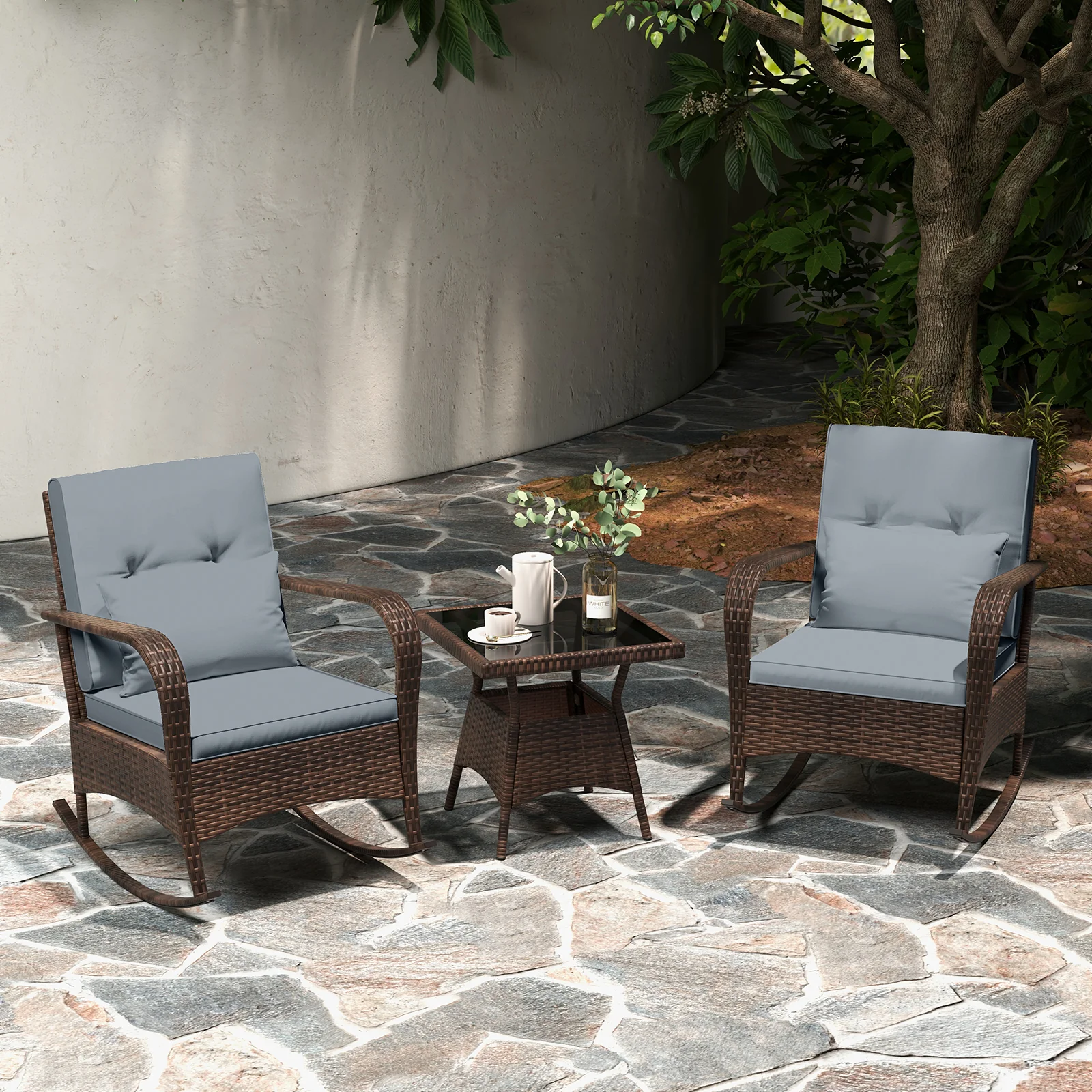 3 Piece Outdoor Rocking Set, Tempered Glass Coffee Table, Gray - Image 3