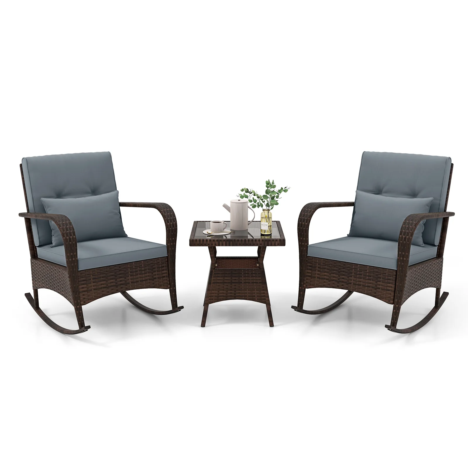 3 Piece Outdoor Rocking Set, Tempered Glass Coffee Table, Gray - Image 5