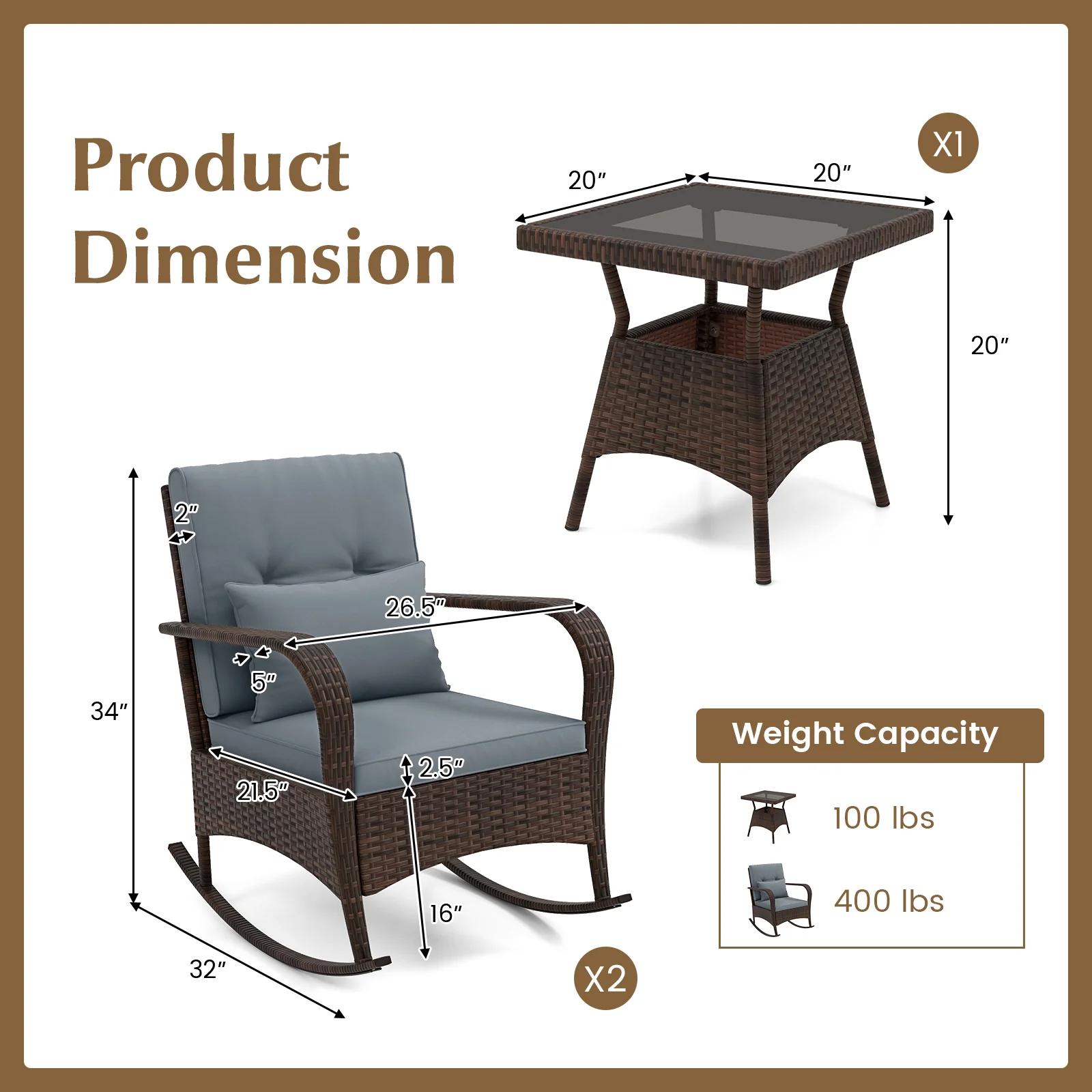3 Piece Outdoor Rocking Set, Tempered Glass Coffee Table, Gray - Image 6